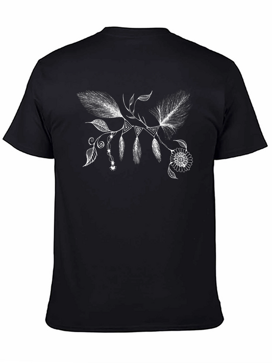 Boho Feather & Floral Black T-Shirt
