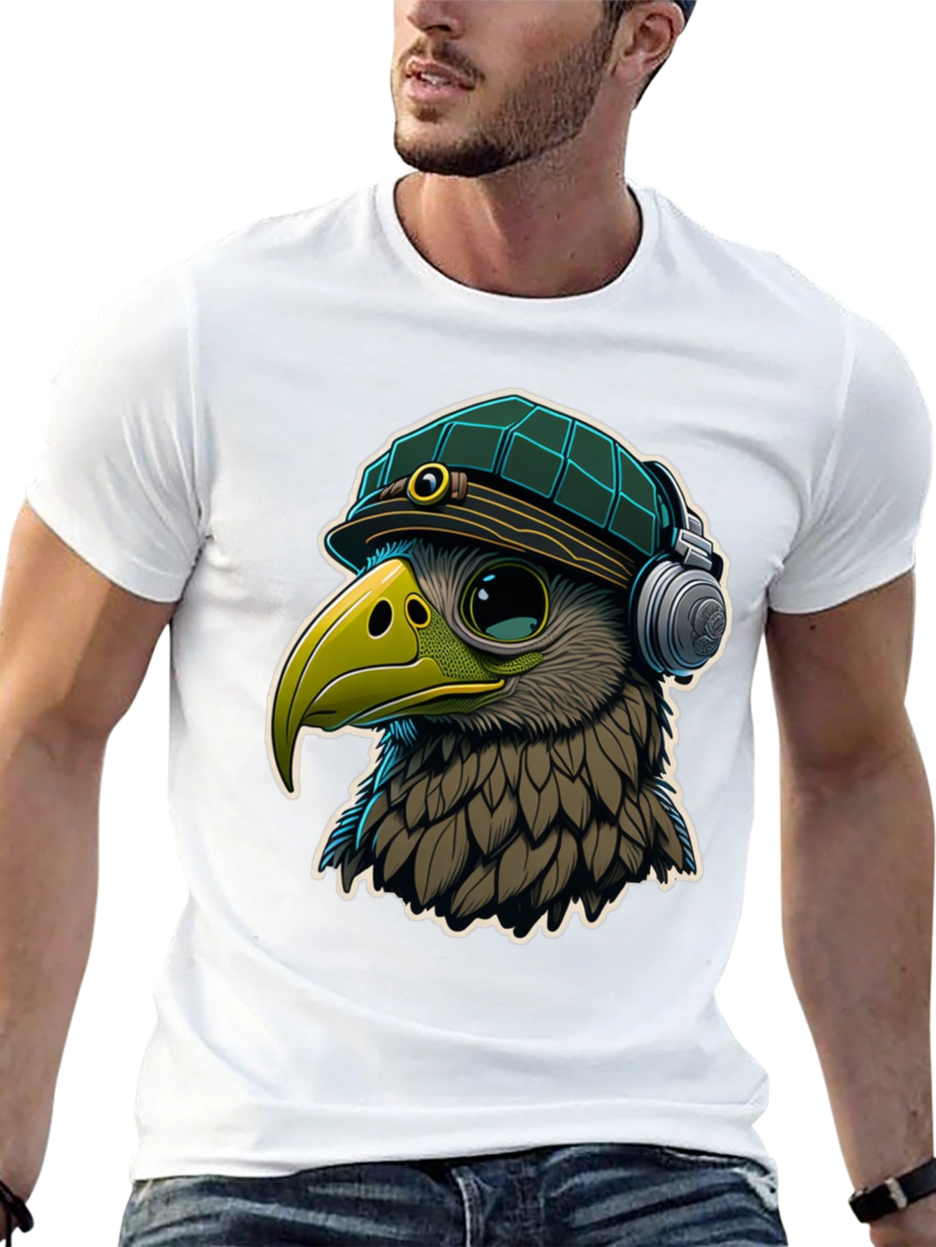 Cool Bird in Hat & Headphones Graphic Tee