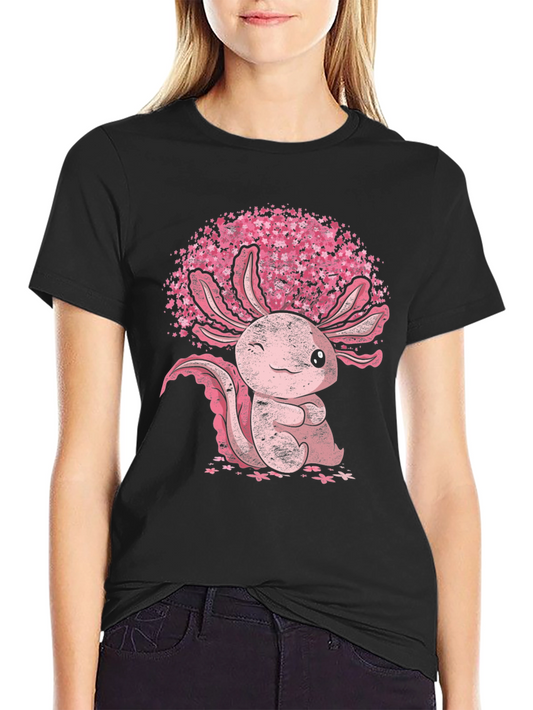 Axolotl Sakura Black T-Shirt - Cute Amphibian Tee