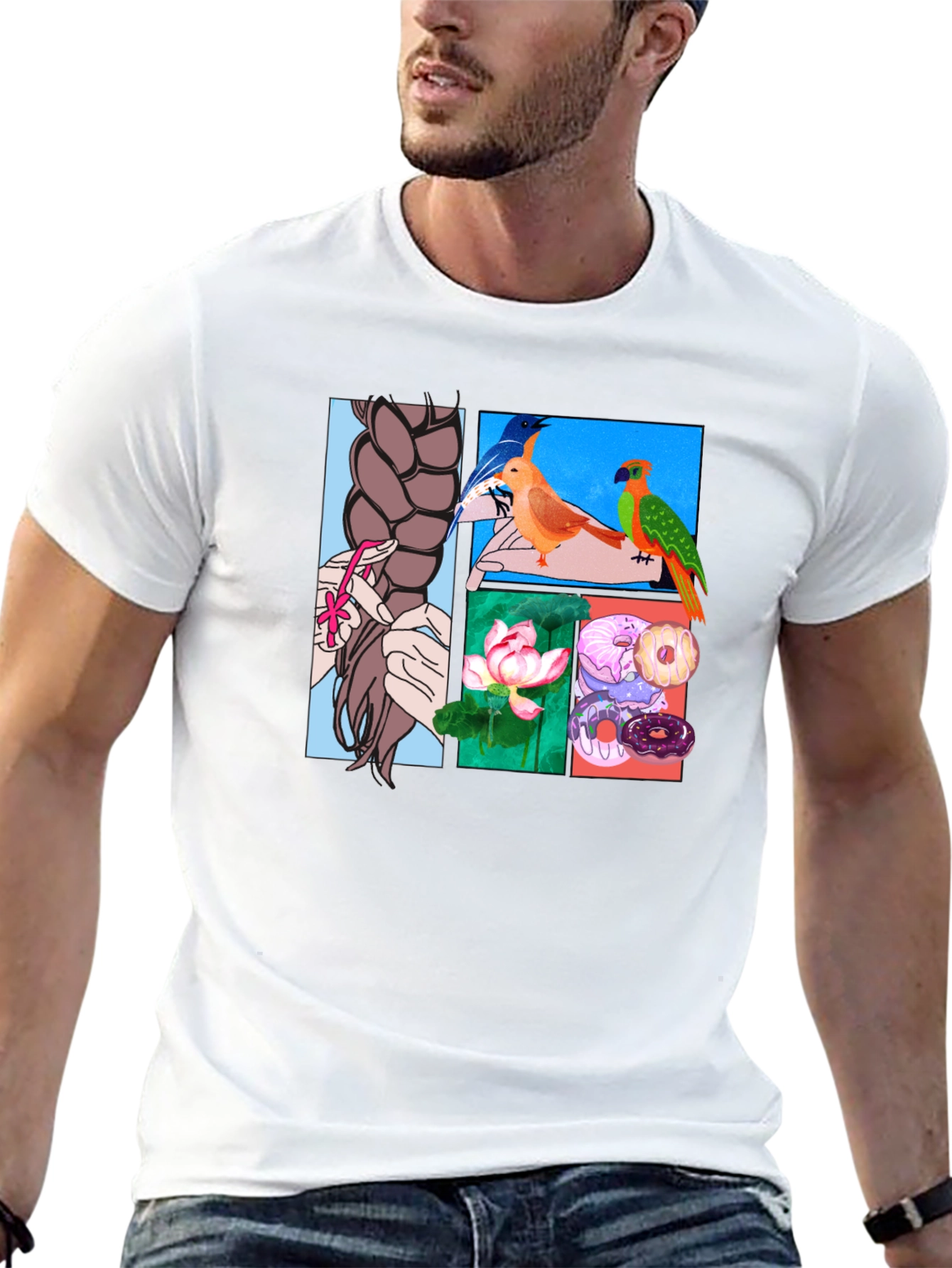 Artistic Graphic Tee: Braids Birds Lotus Donuts