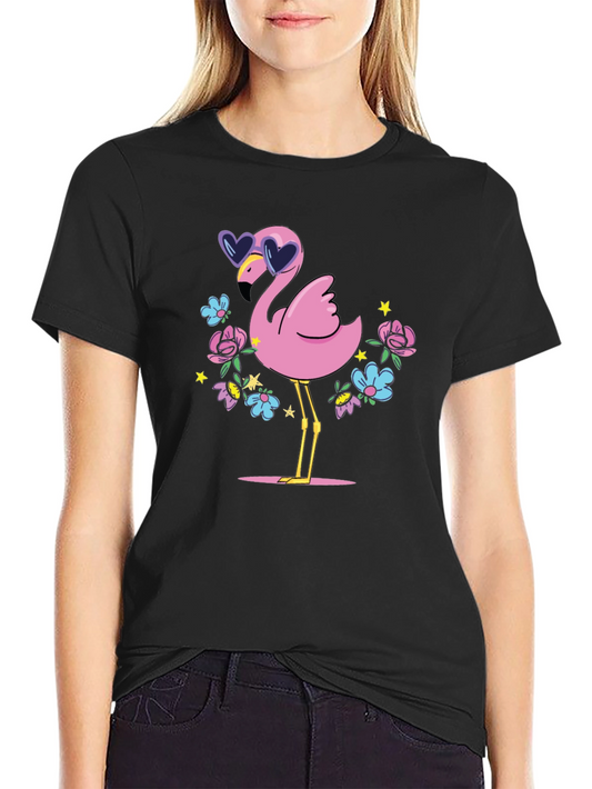 Fun Flamingo Graphic Tee - Black Cotton T-Shirt
