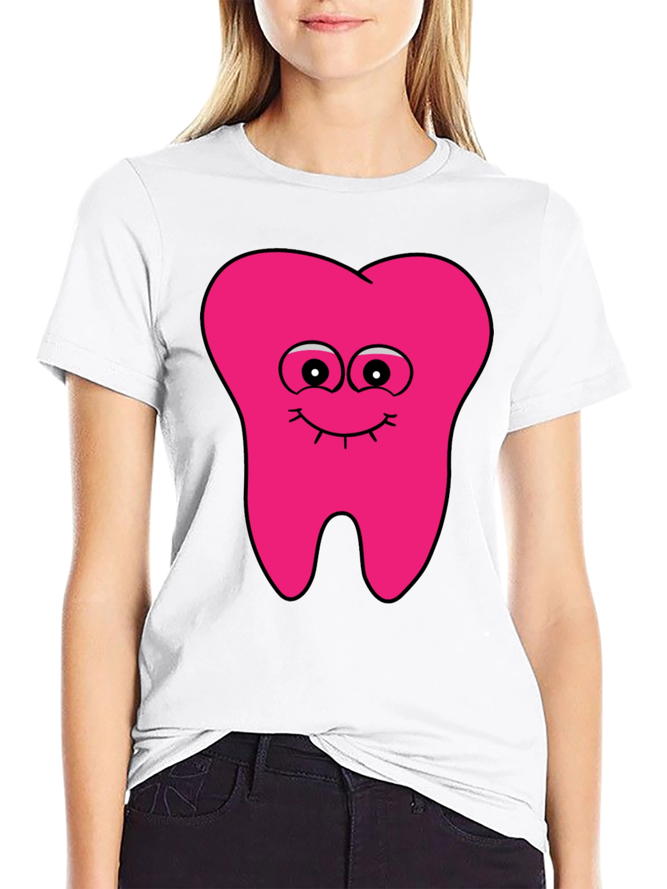Funny Pink Tooth Cartoon Black T-Shirt