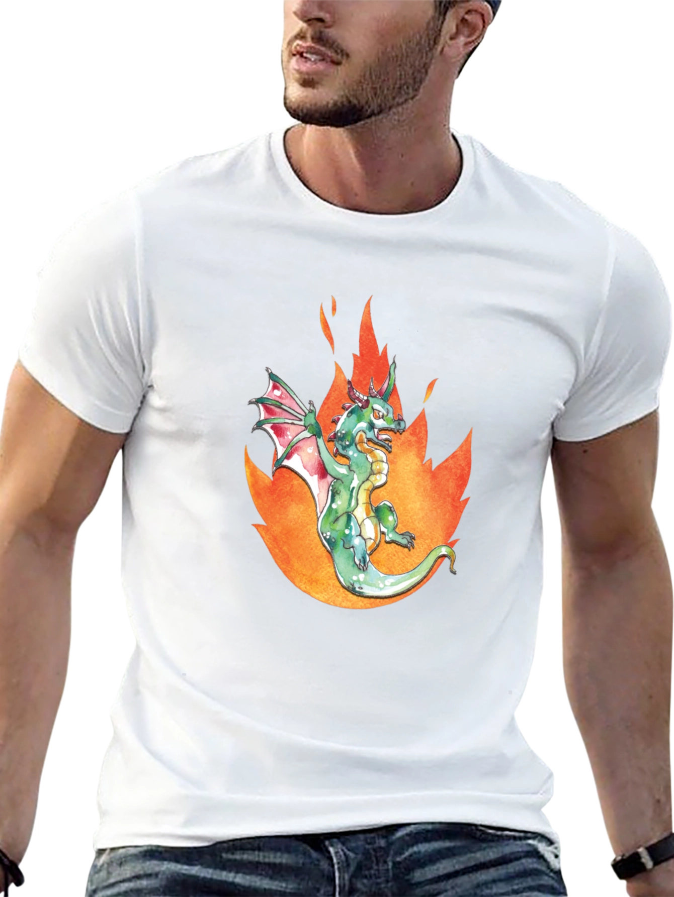 Dragon in Flames Graphic Tee - Black Cotton T-Shirt