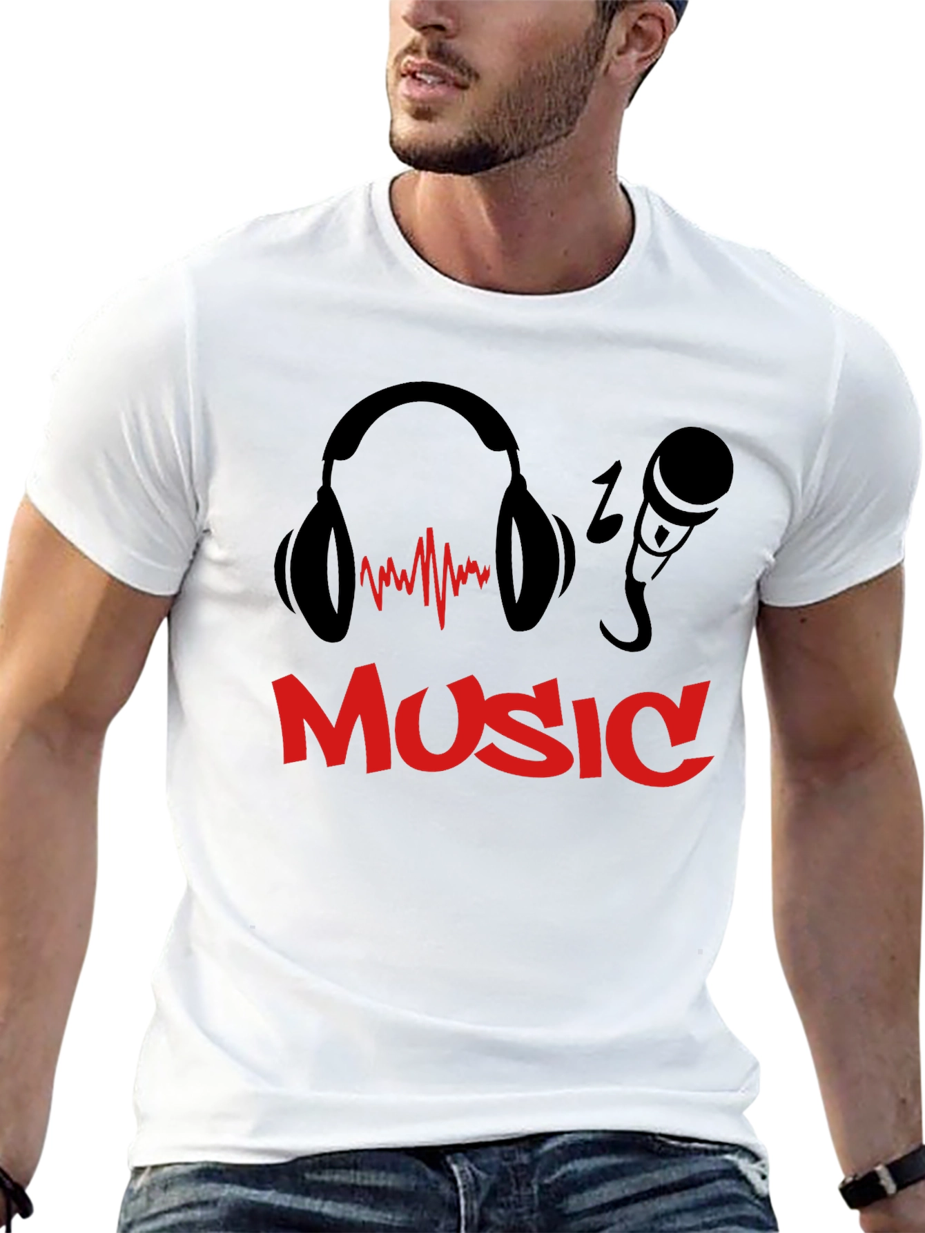 Music T-Shirt - Headphones & Microphone Design - Black