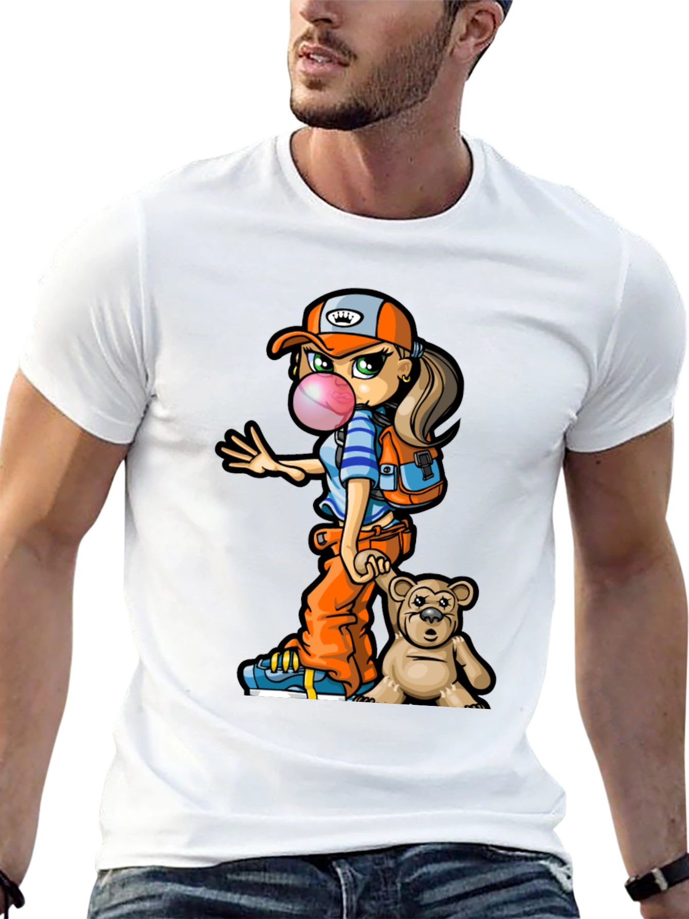 Cartoon Girl with Teddy Bear Graphic T-Shirt