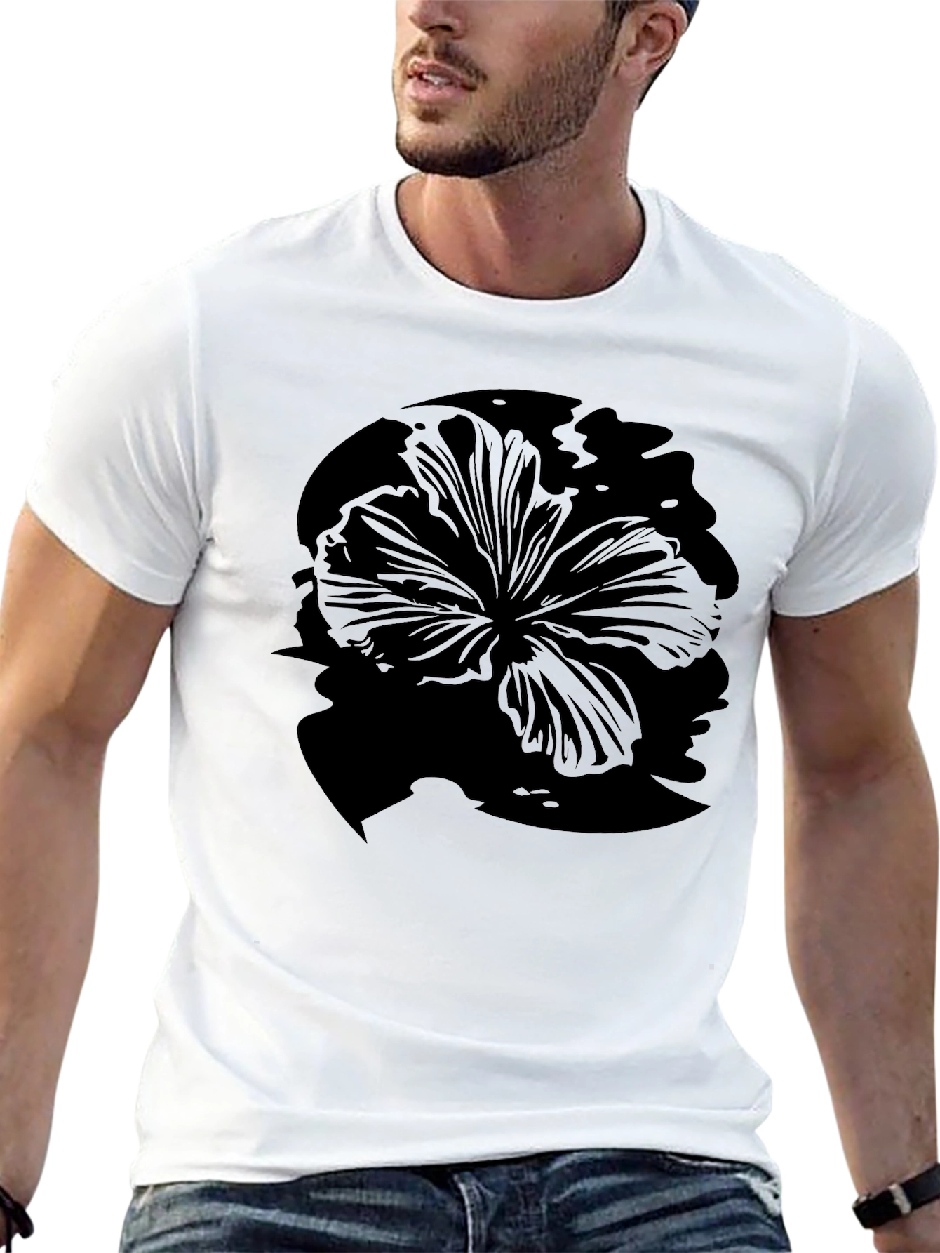 Mens Black Hibiscus Flower Graphic T-Shirt