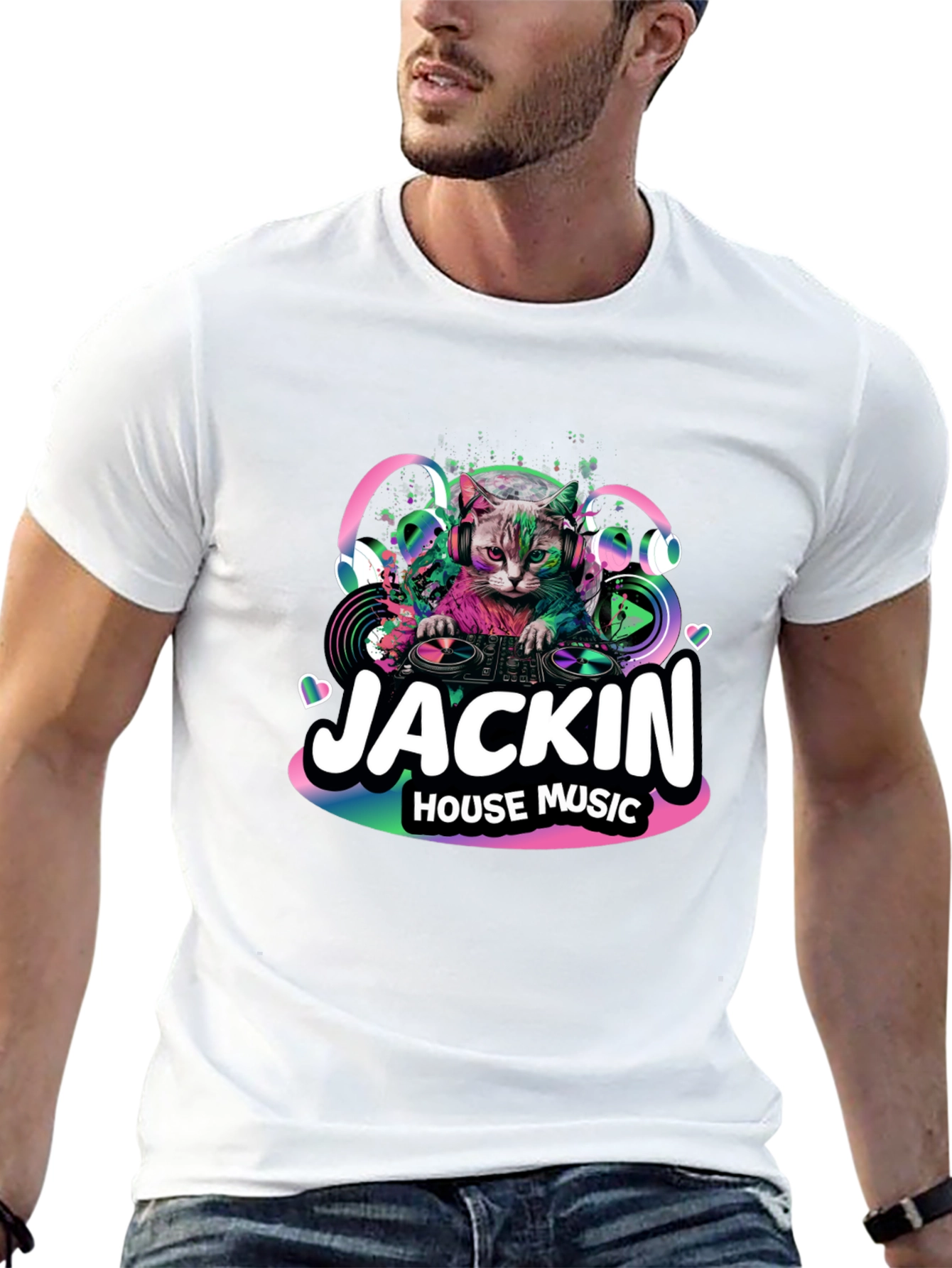 Jackin House Music Cat Graphic Black T-Shirt
