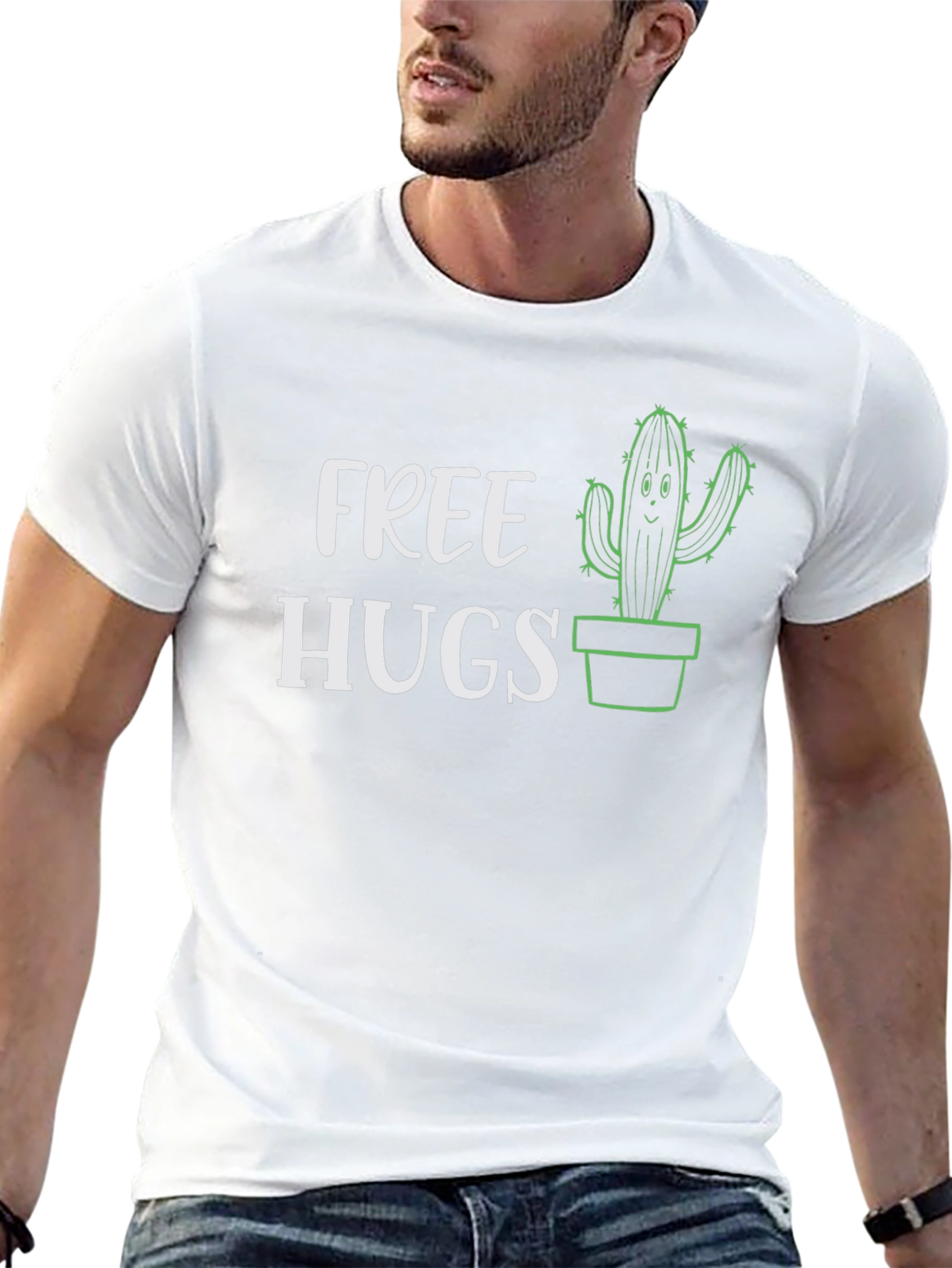 Free Hugs Cactus Graphic Tee - Black Cotton T-Shirt