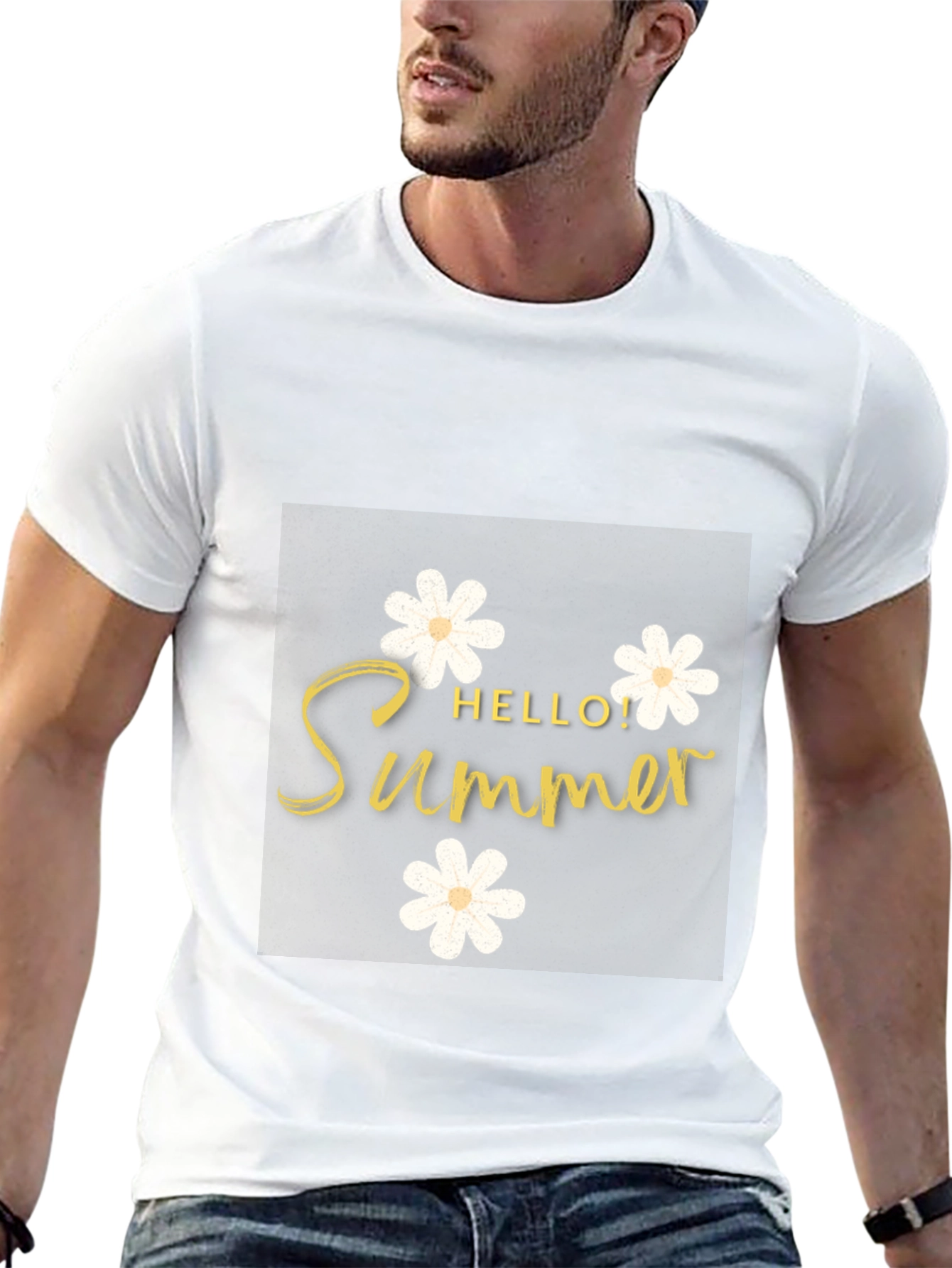 Hello Summer Black T-Shirt with Floral Design