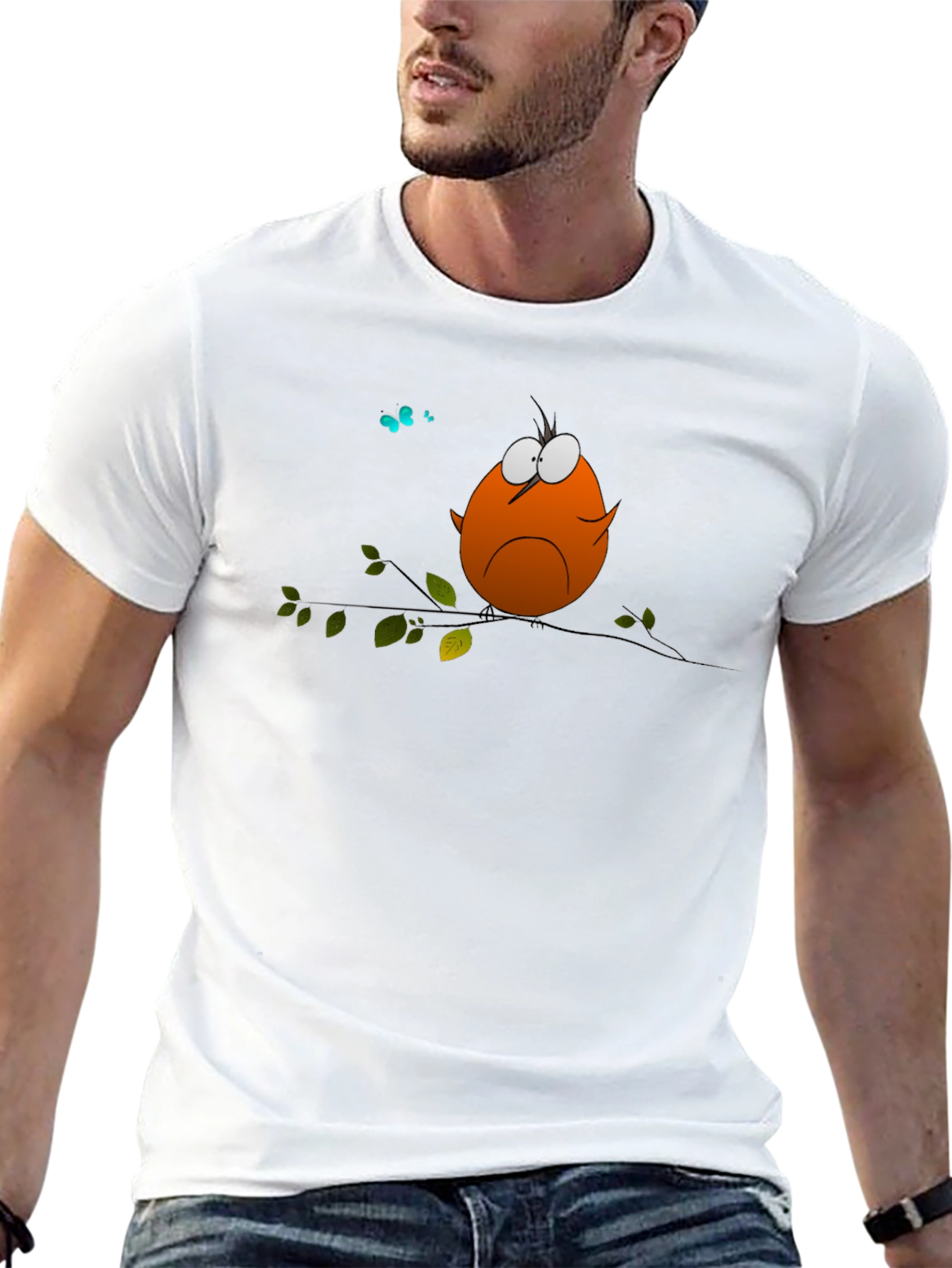 Cartoon Bird on Branch Graphic T-Shirt