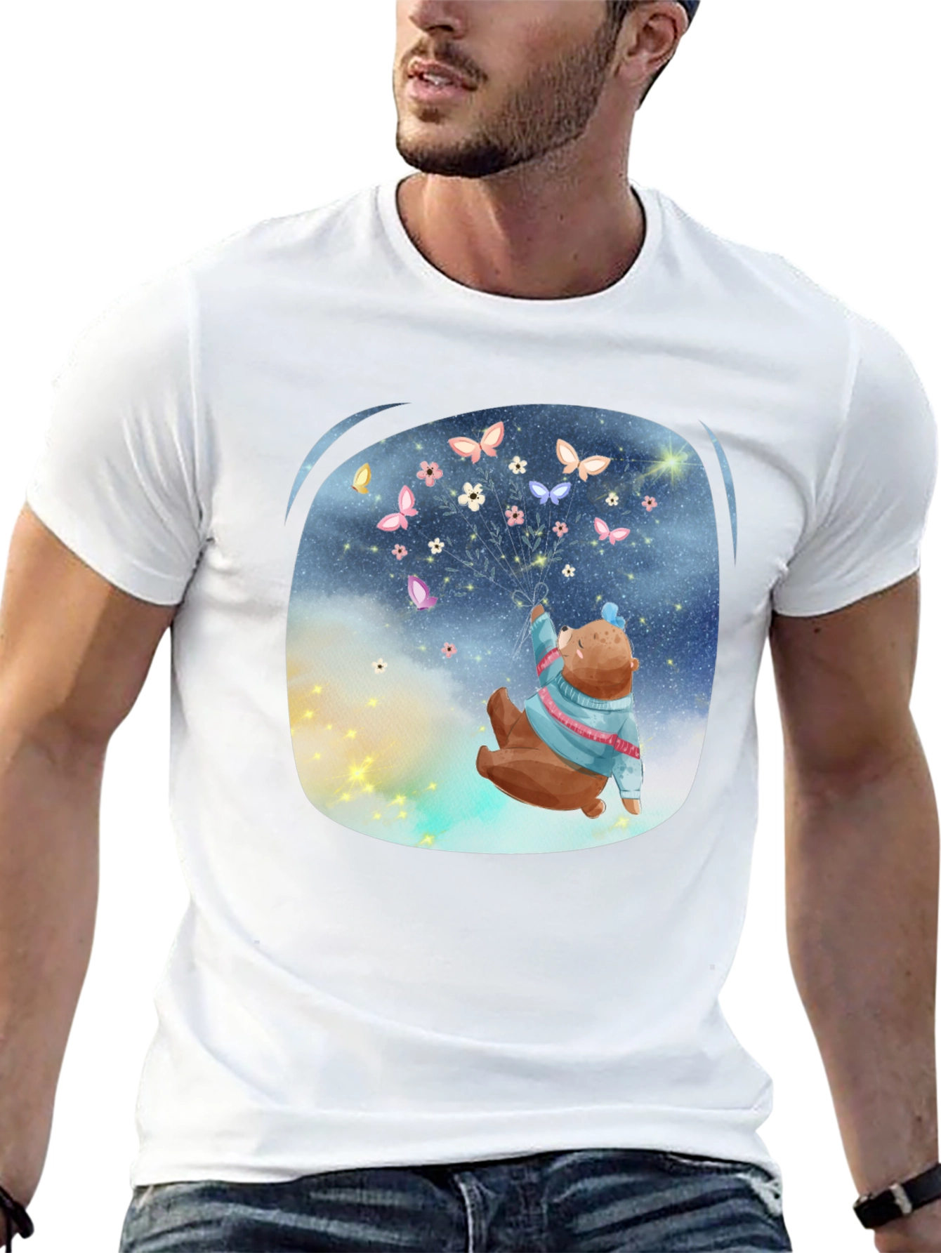 Bear Butterfly Graphic Black T-Shirt