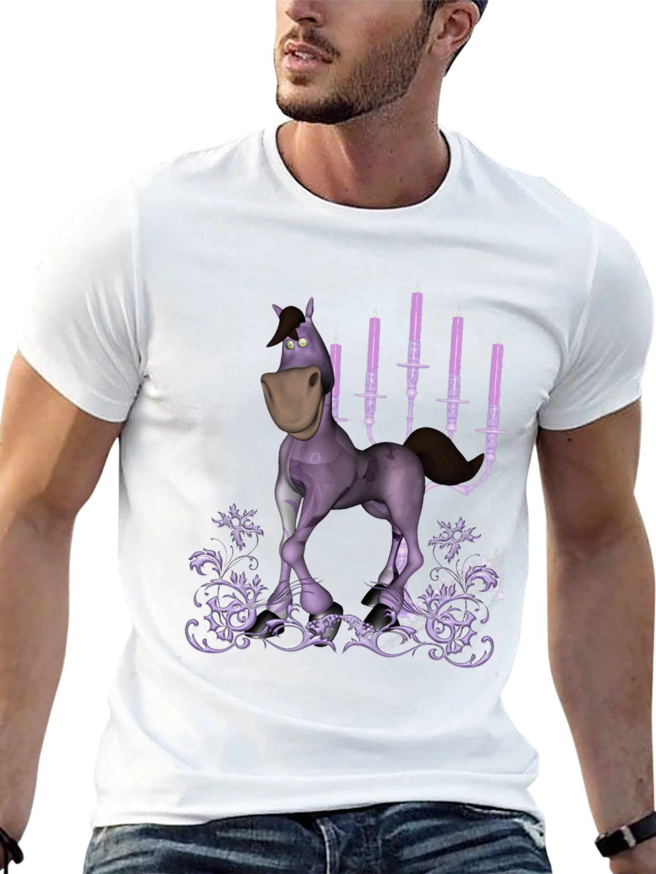 Cartoon Horse & Candles Graphic Print Black T-Shirt