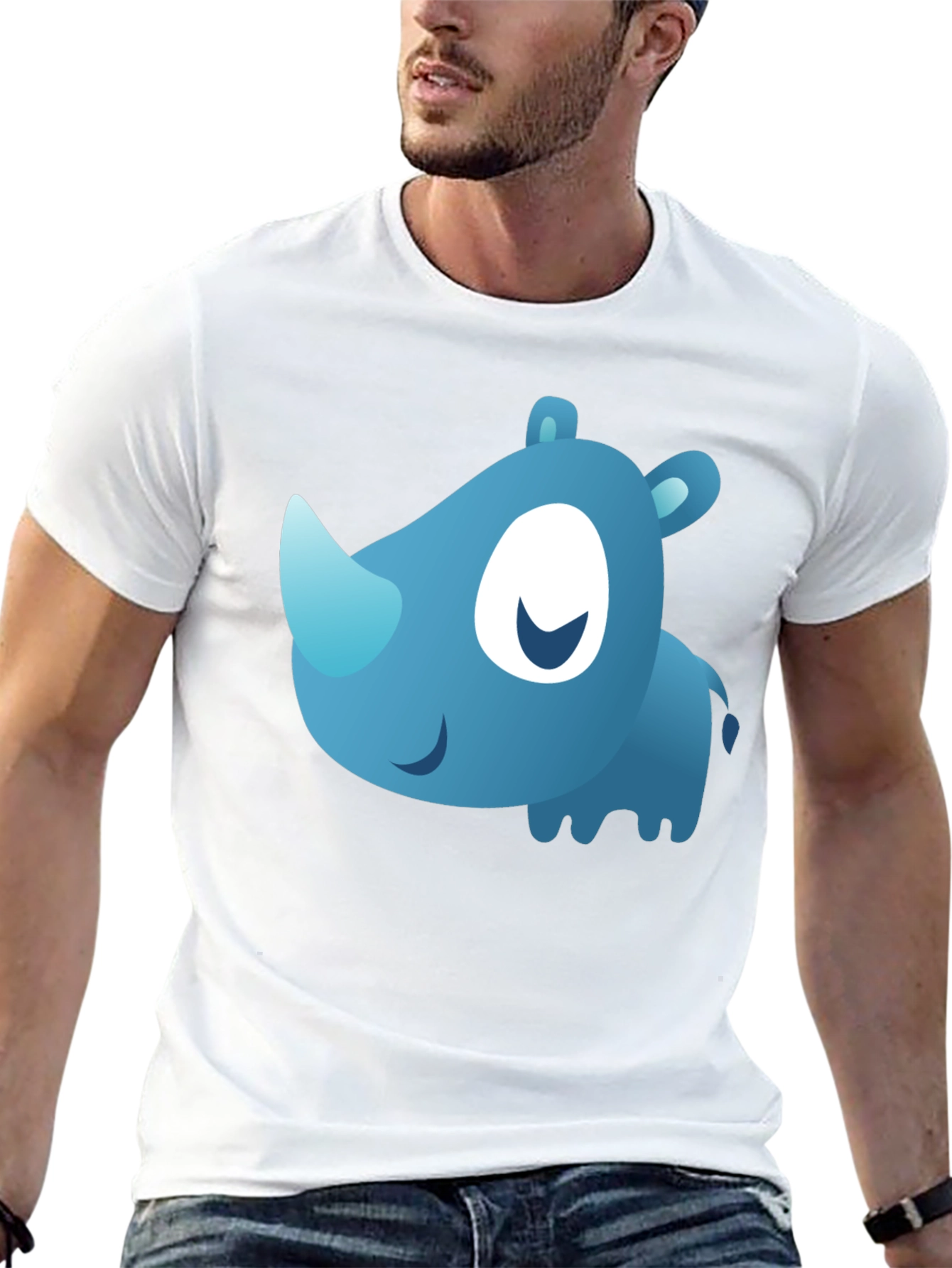Cute Blue Cartoon Rhino Black T-Shirt