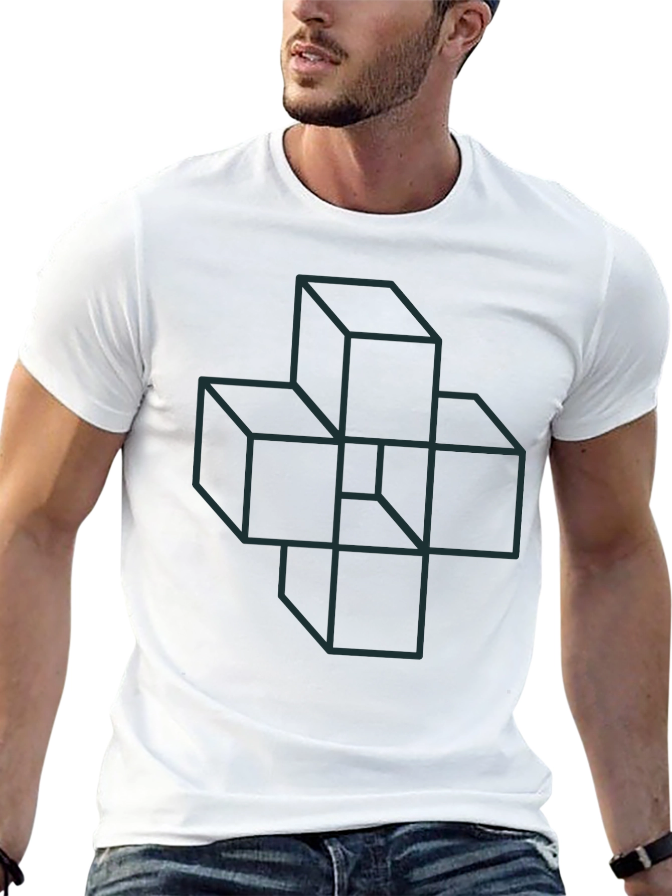 Geometric Cube Illusion Graphic Tee - Black