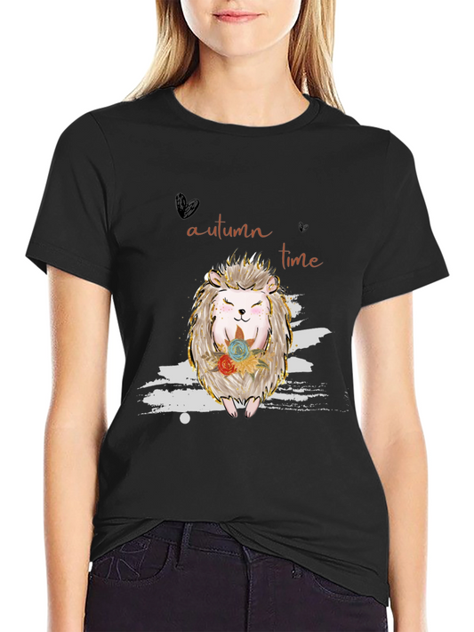 Autumn Time Hedgehog Graphic Tee - Black
