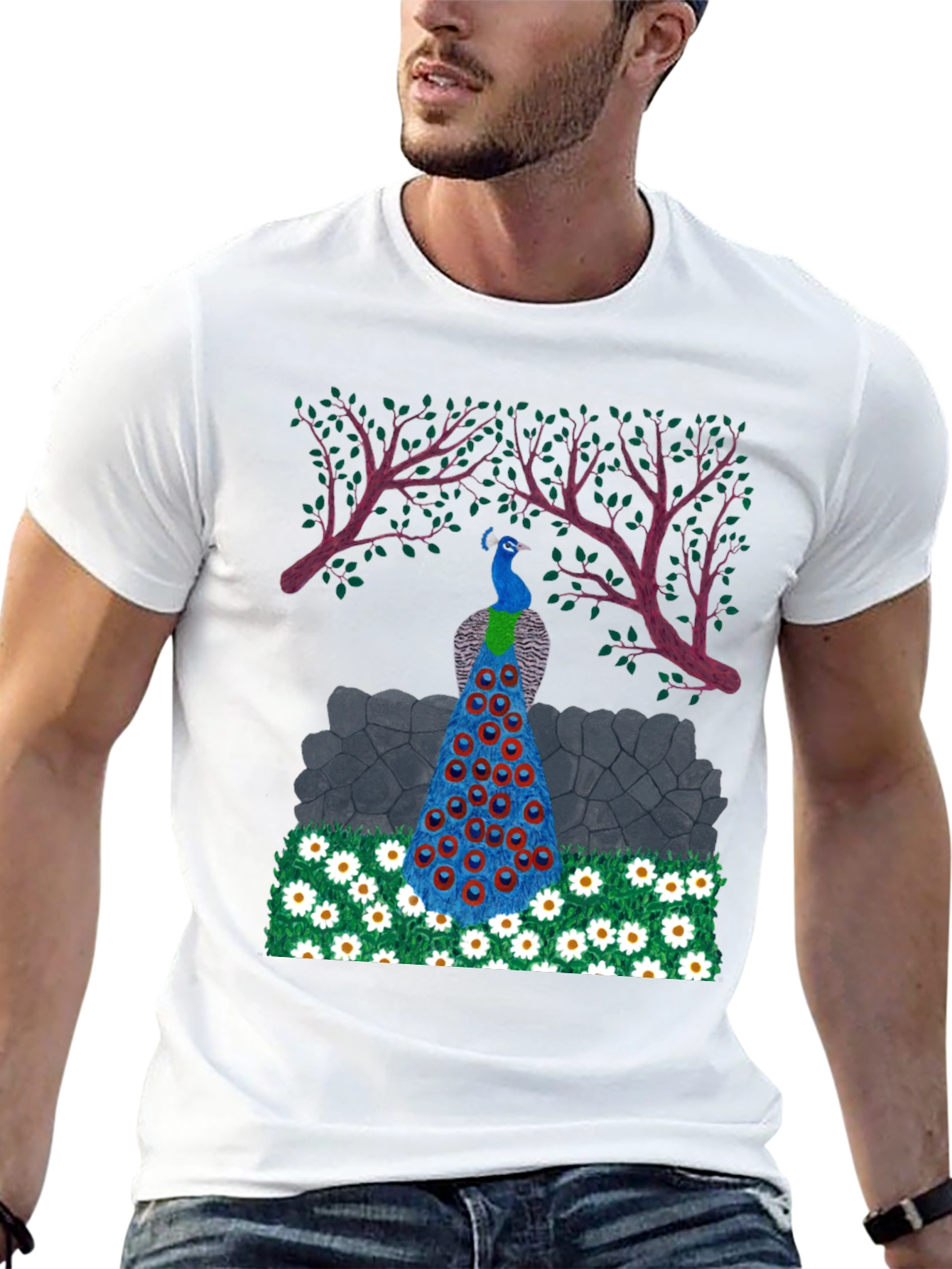 Peacock Design Black T-Shirt