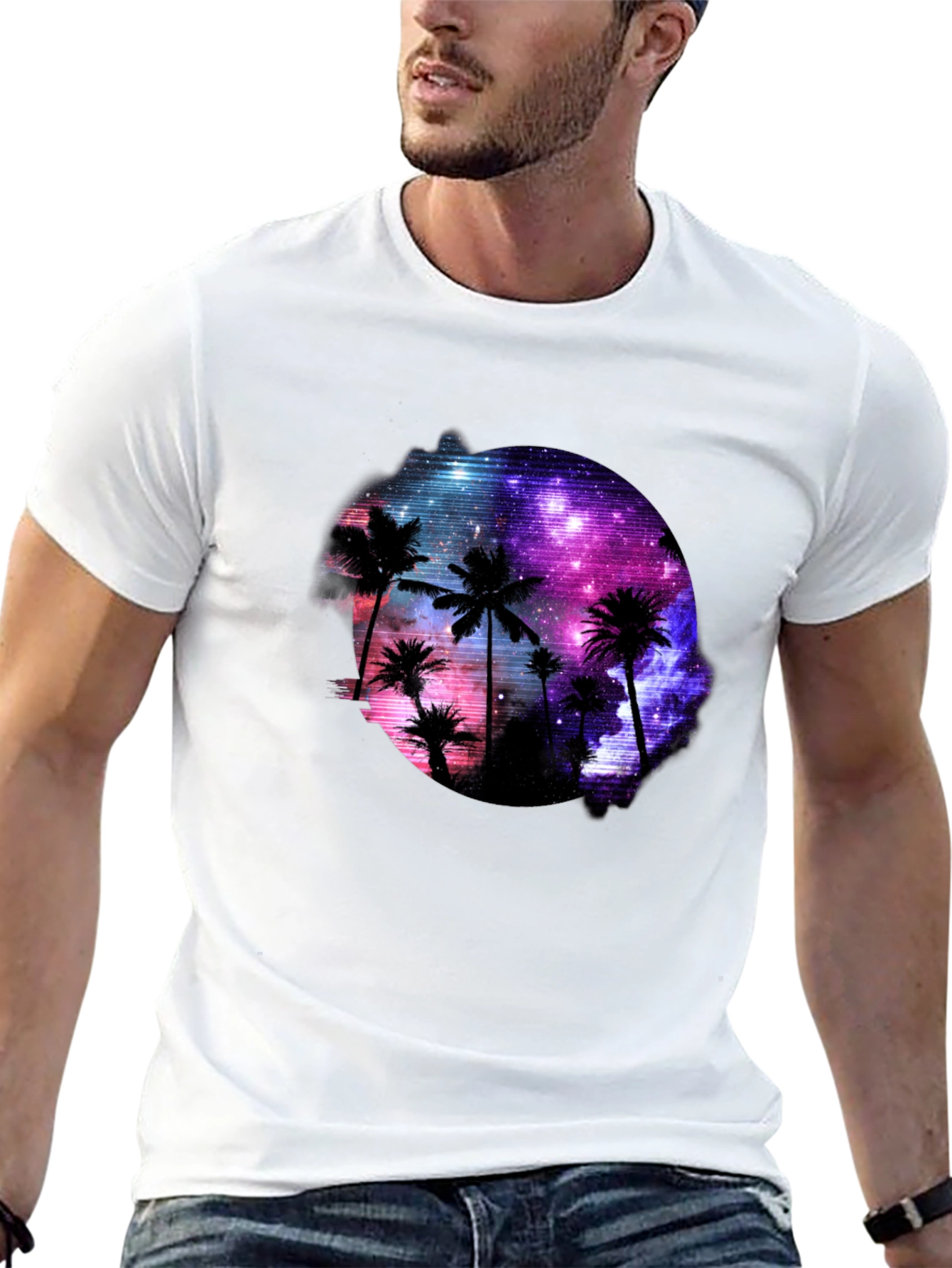 Galaxy Palm Tree Graphic Black T-Shirt