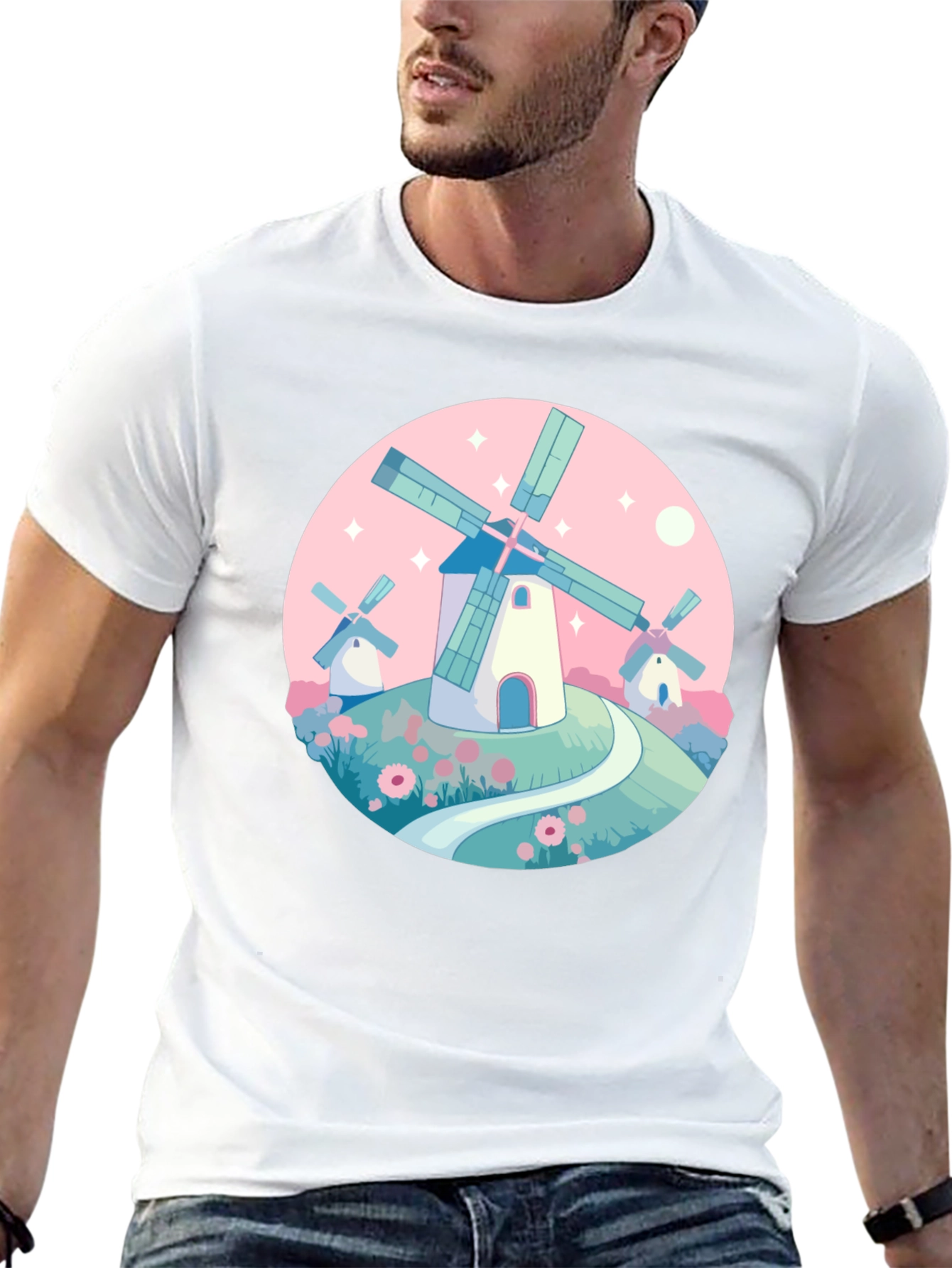 Whimsical Windmill Graphic Tee - Black