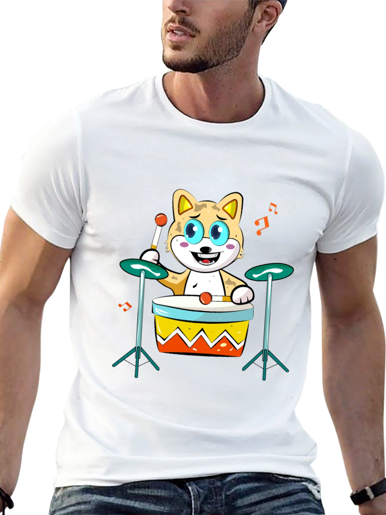 Cartoon Cat Drummer T-Shirt - Cool Music Lover Tee