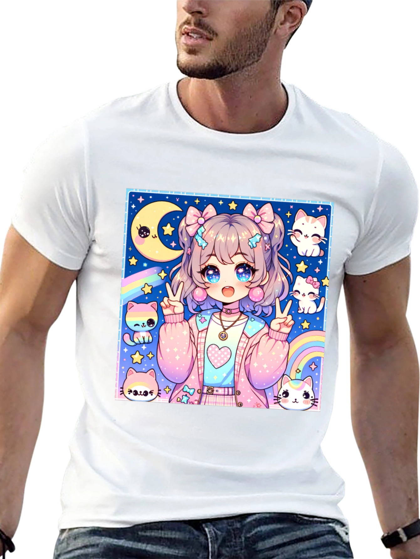 Anime Girl & Cats Graphic Print Black T-Shirt