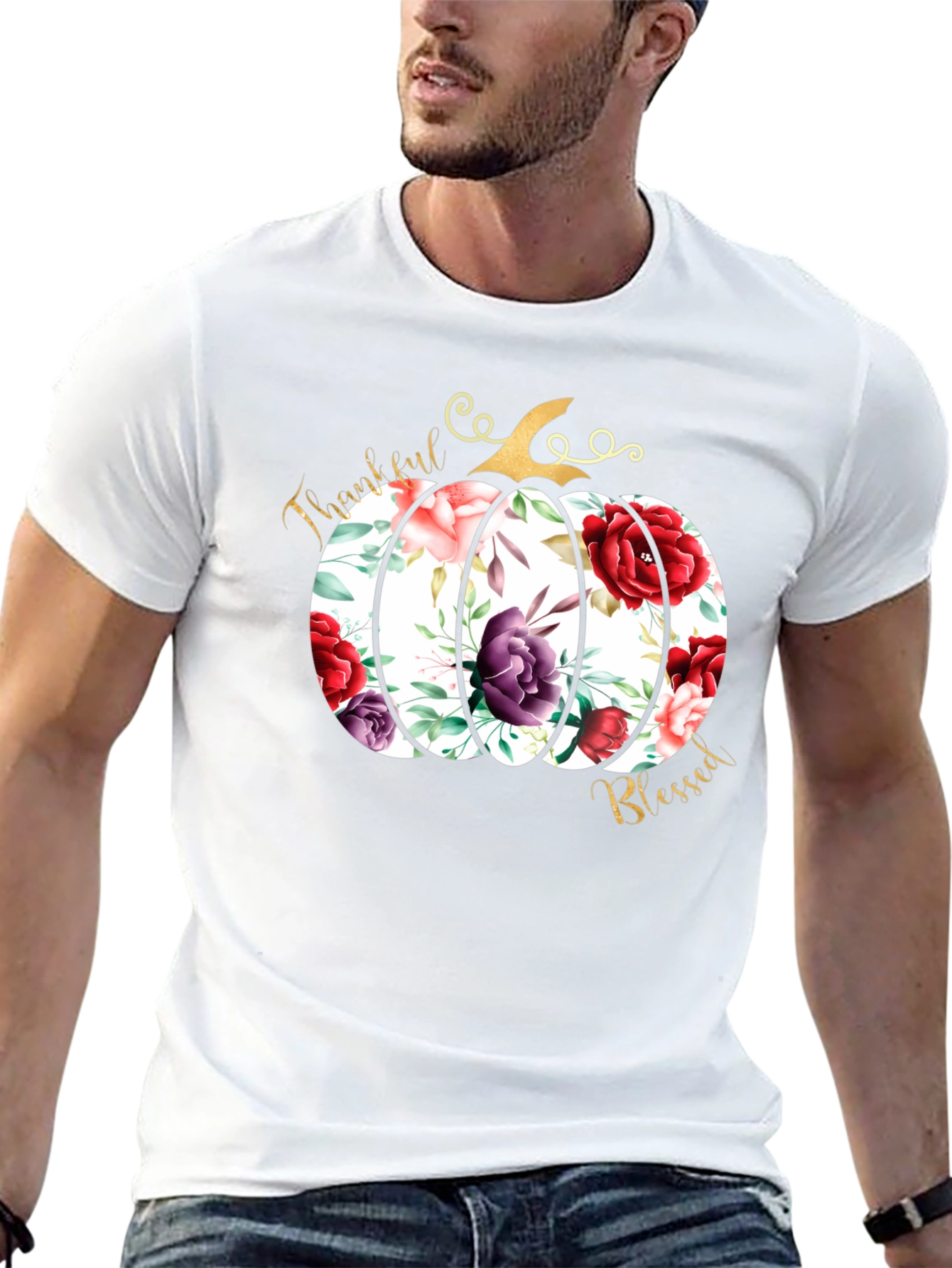 Floral Pumpkin Thankful & Blessed T-Shirt