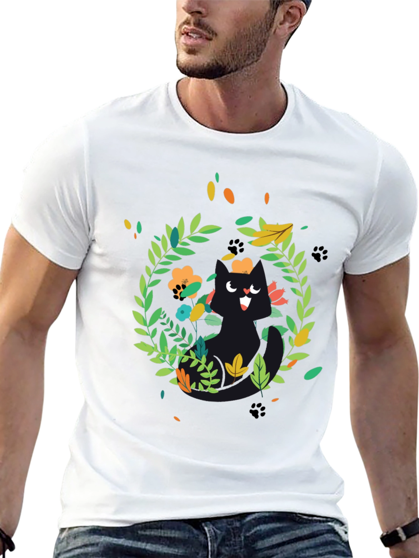 Whimsical Cat Floral Wreath Black T-Shirt