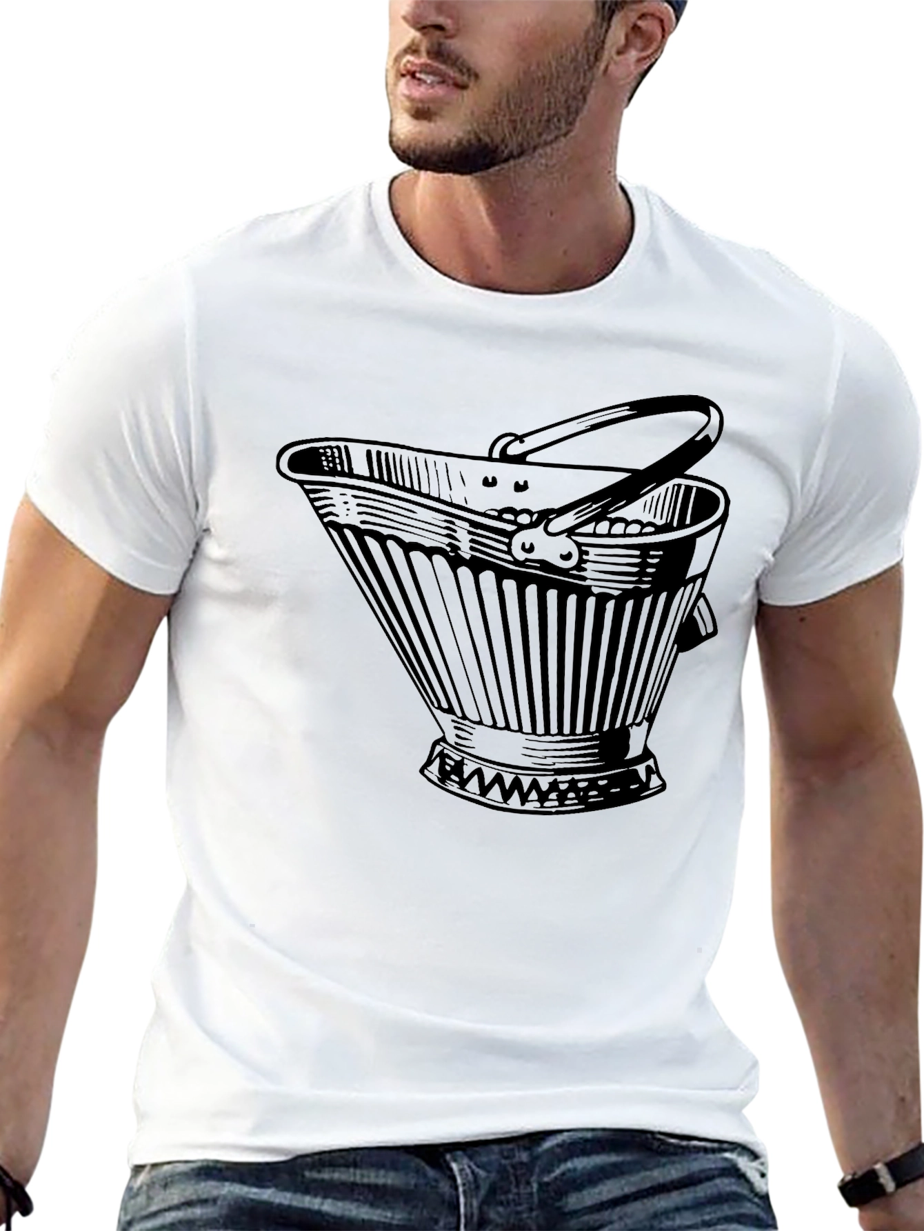 Novelty Bucket Graphic Tee - Black Cotton Casual T-Shirt
