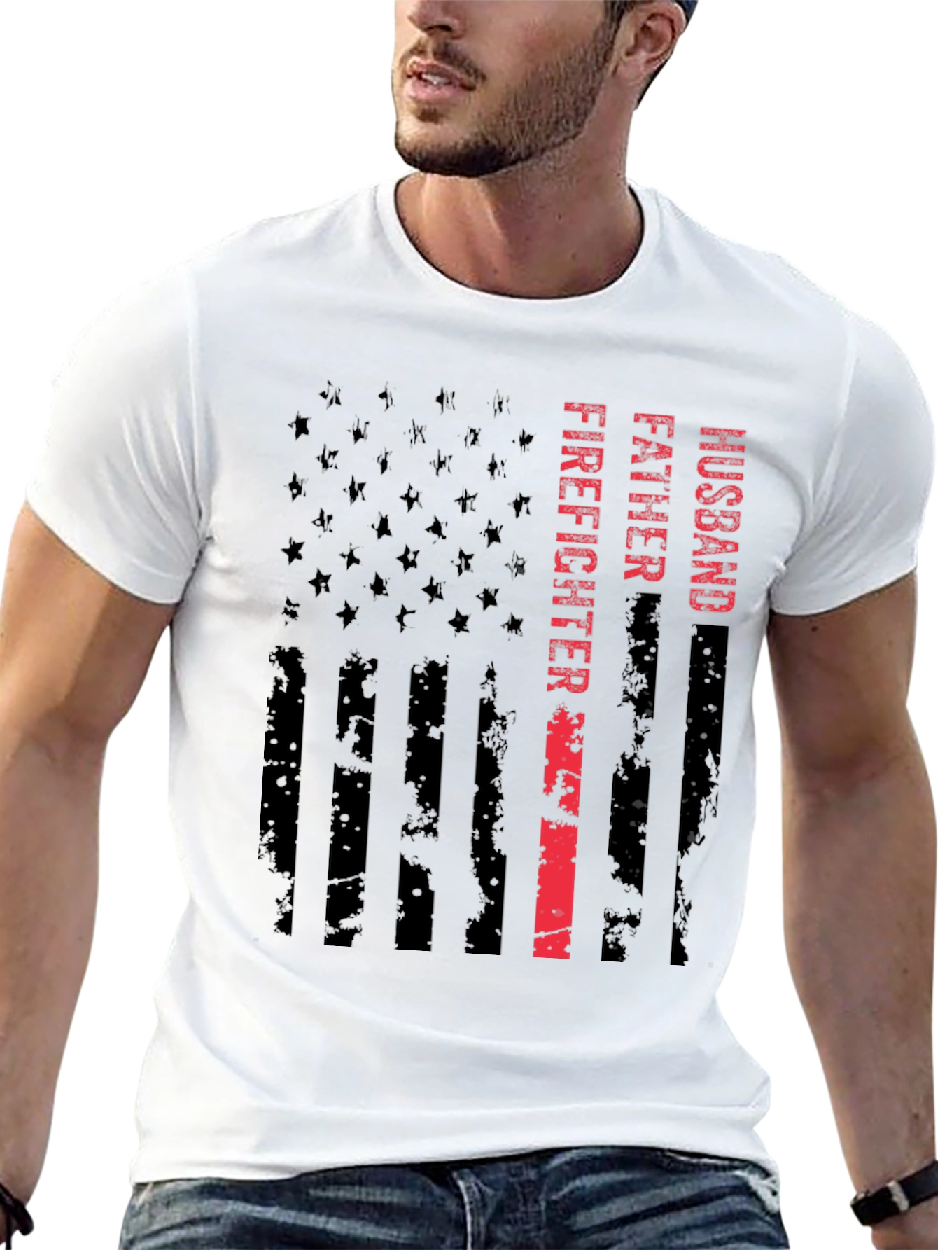 Husband Father Firefighter American Flag Graphic Tee