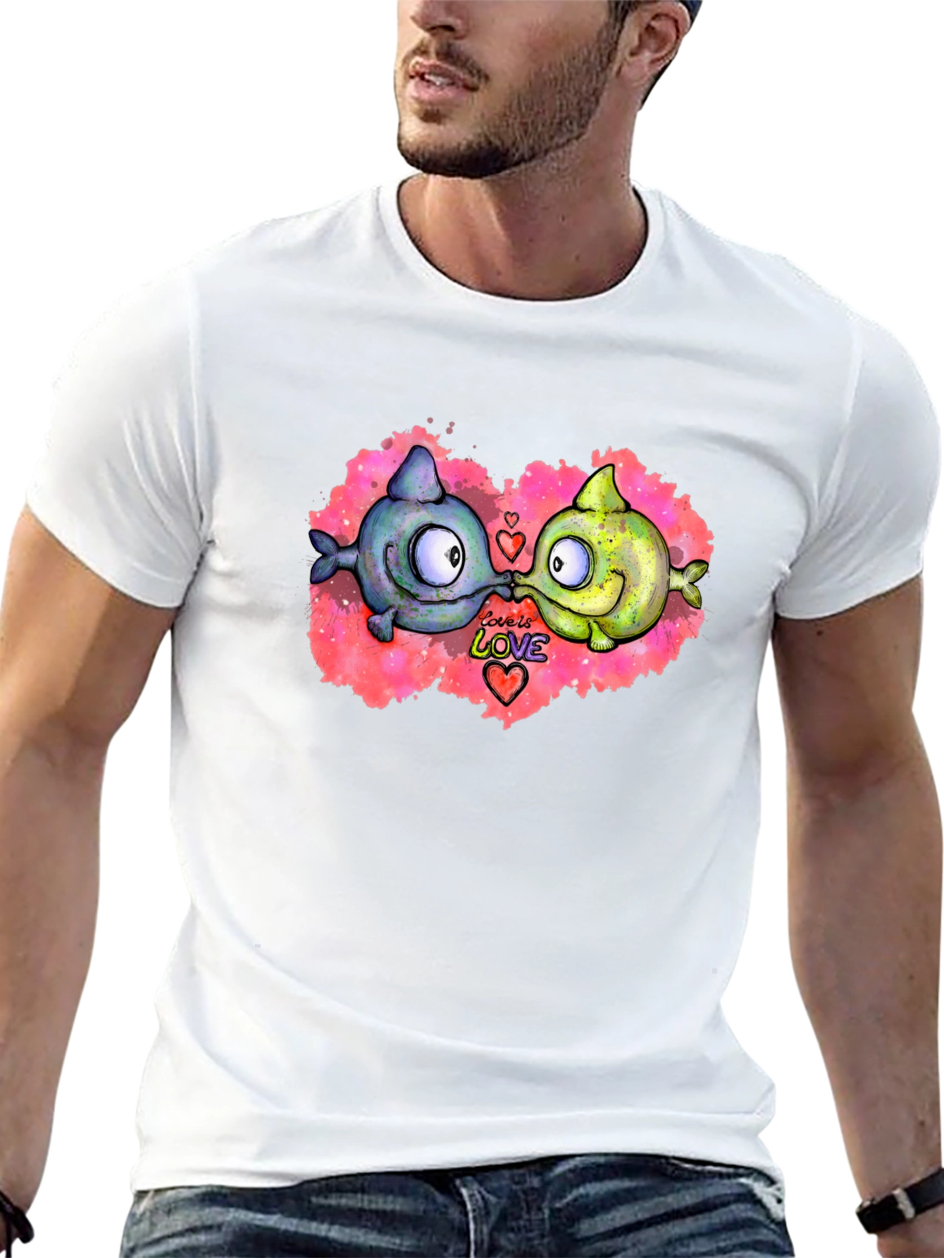 Cute Cartoon Fish Love T-Shirt - Black