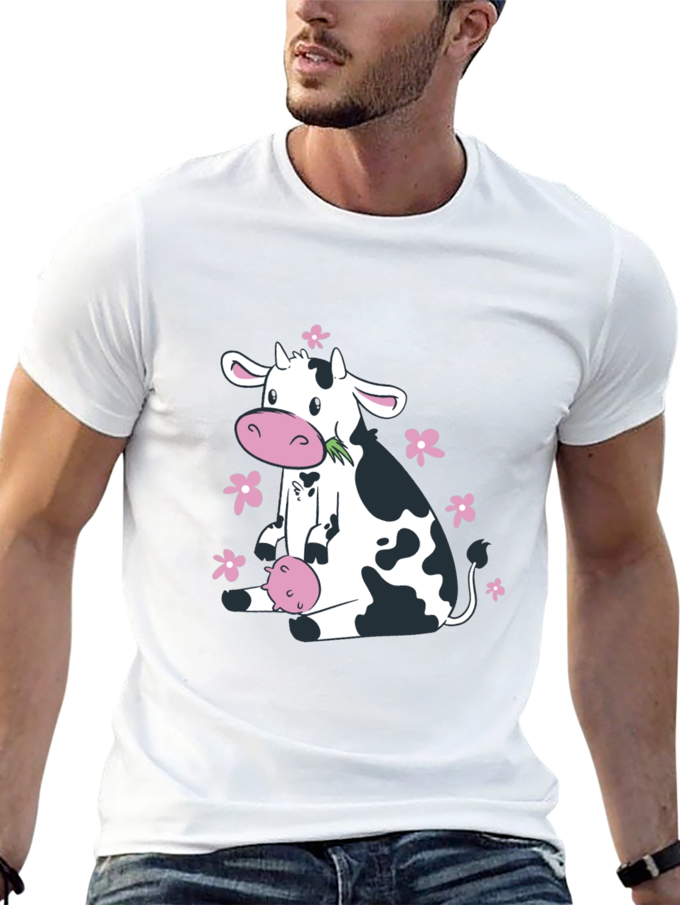 Cute Cow & Floral Black T-Shirt - Unisex