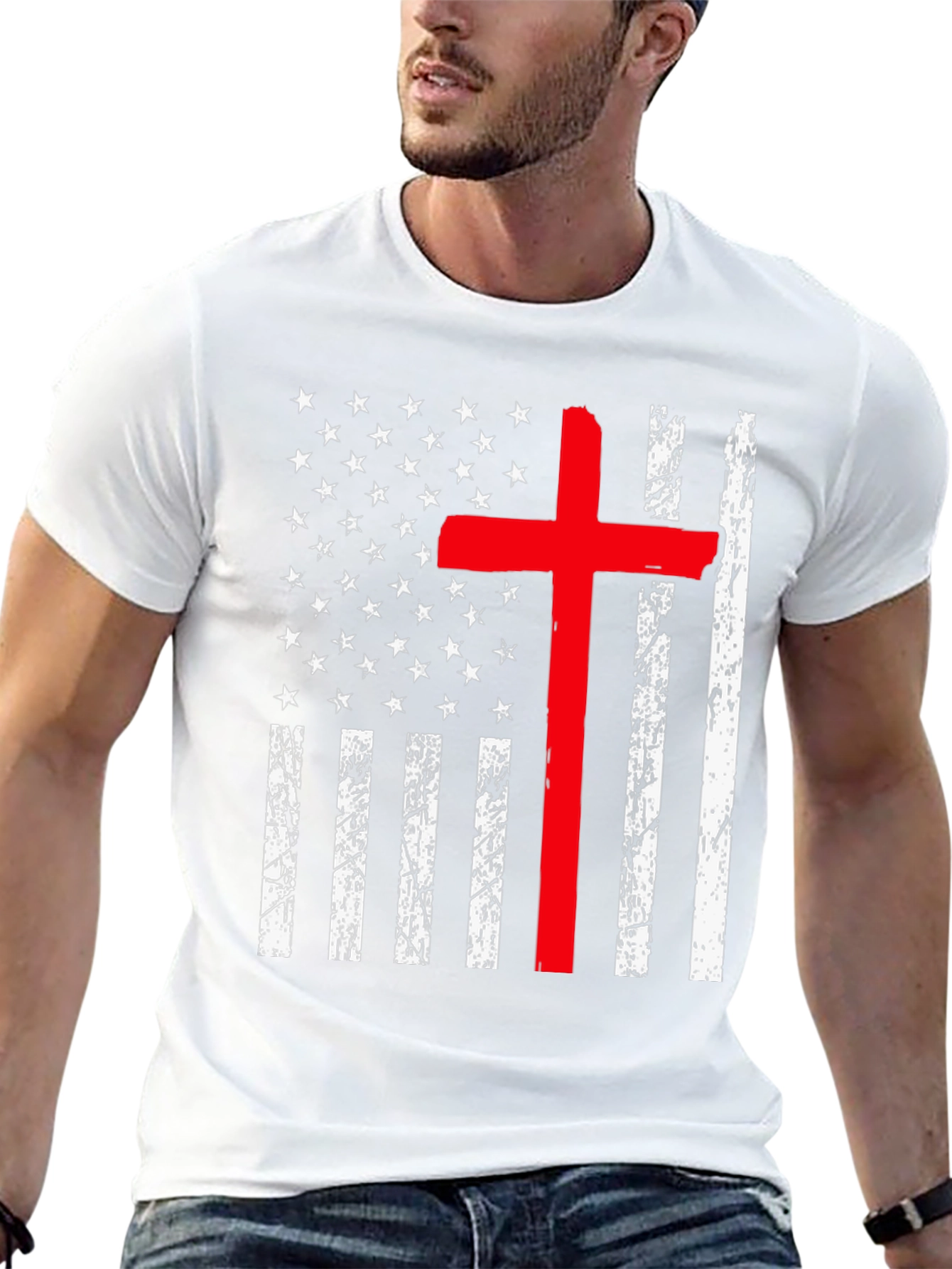 Distressed American Flag Red Cross Graphic T-Shirt