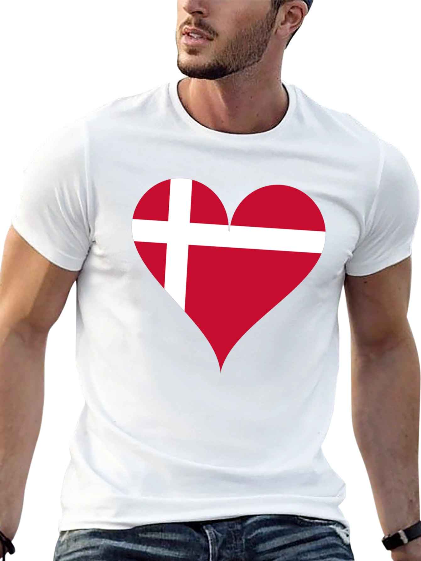Denmark Flag Heart T-Shirt - Black Crew Neck Tee