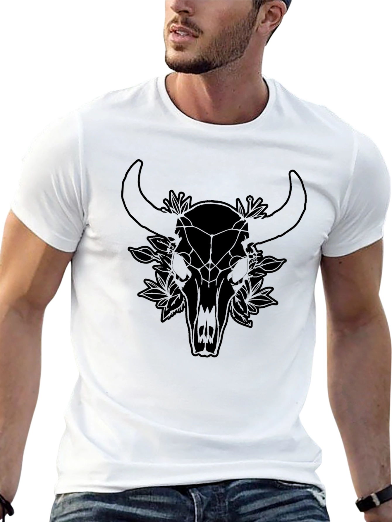 Geometric Bull Skull Graphic Tee - Black Unisex T-Shirt