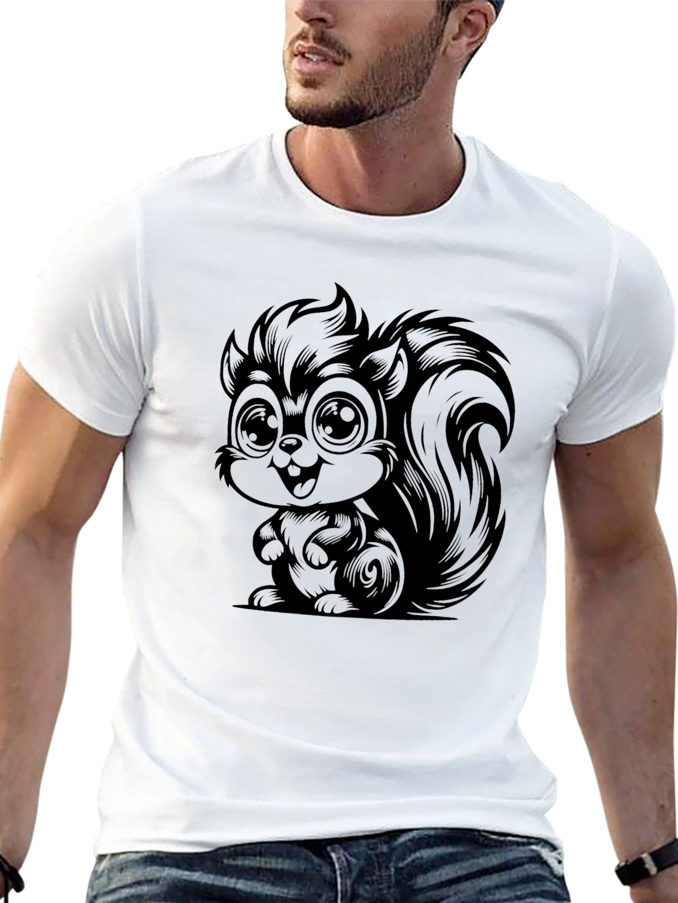 Cartoon Squirrel Graphic Tee - Soft Black Cotton T-Shirt