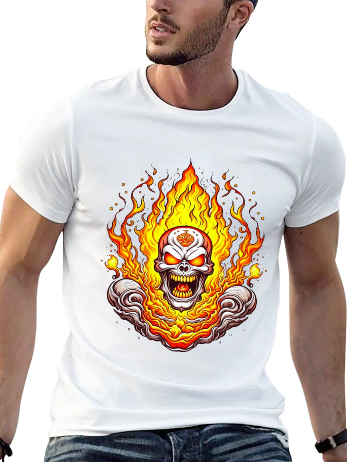 Flaming Skull Graphic Tee - Bold Black Cotton Shirt
