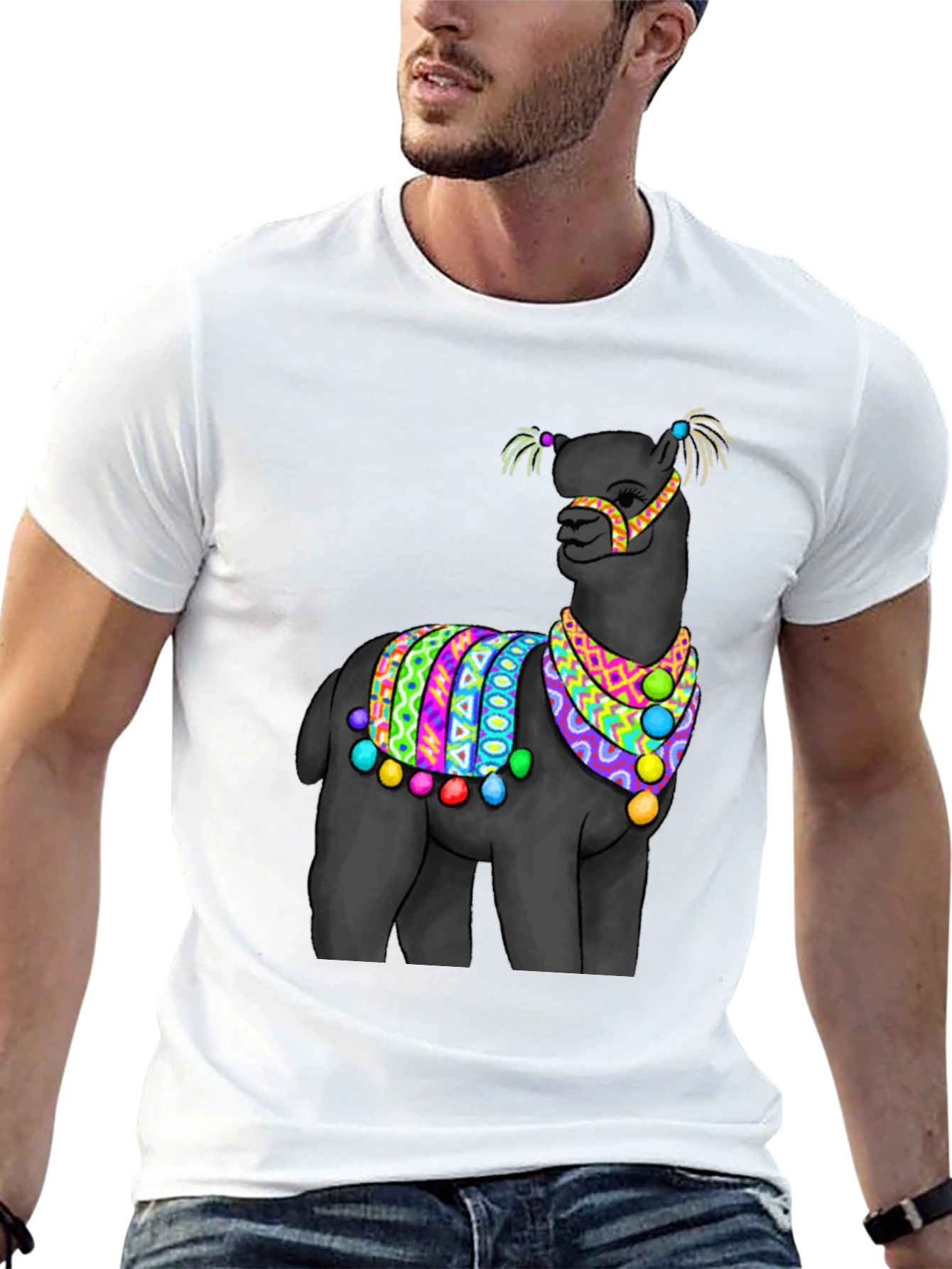 Black T-Shirt with Festive Llama Design