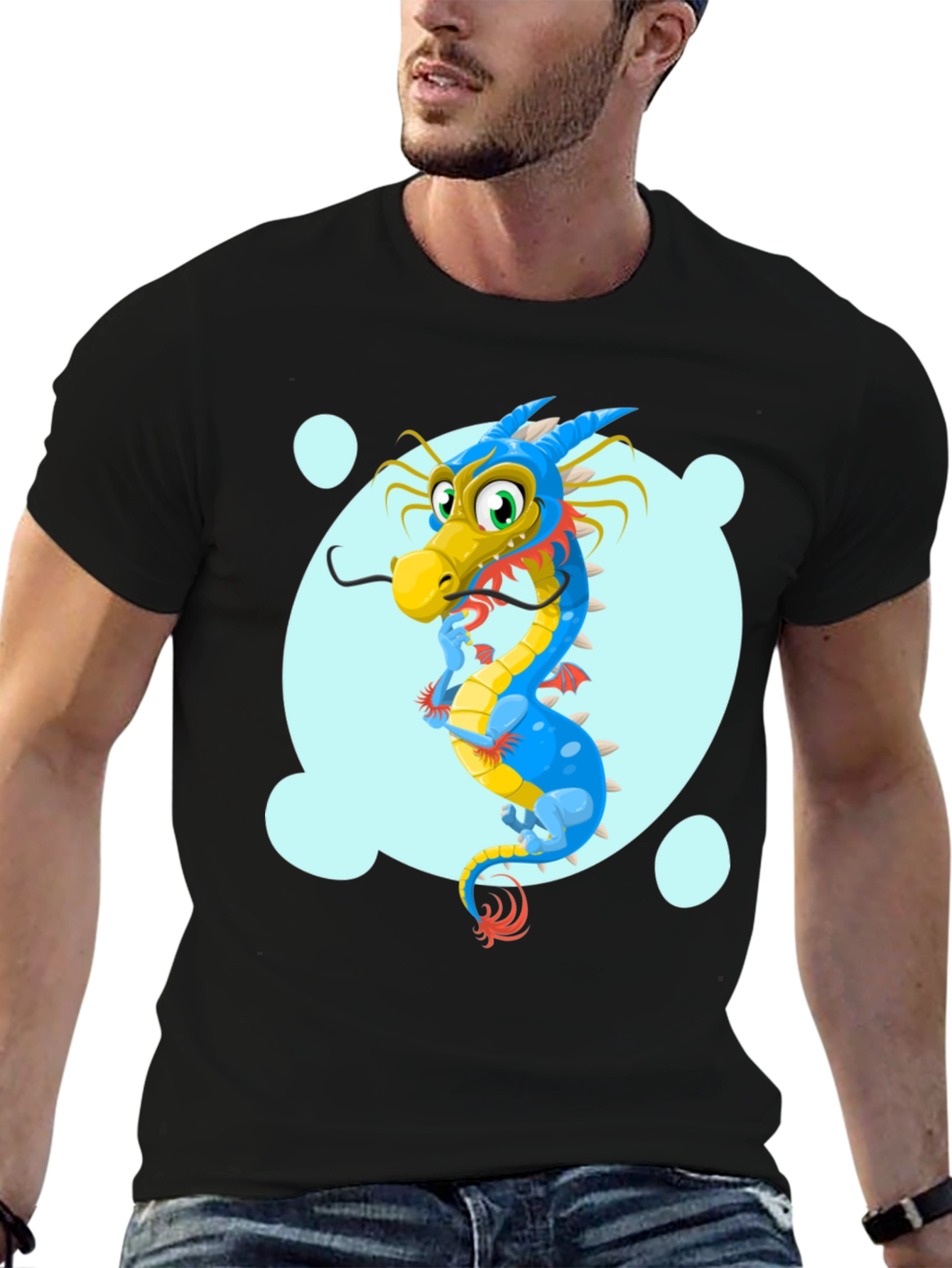 Cartoon Dragon Graphic Tee - Black Cotton T-Shirt