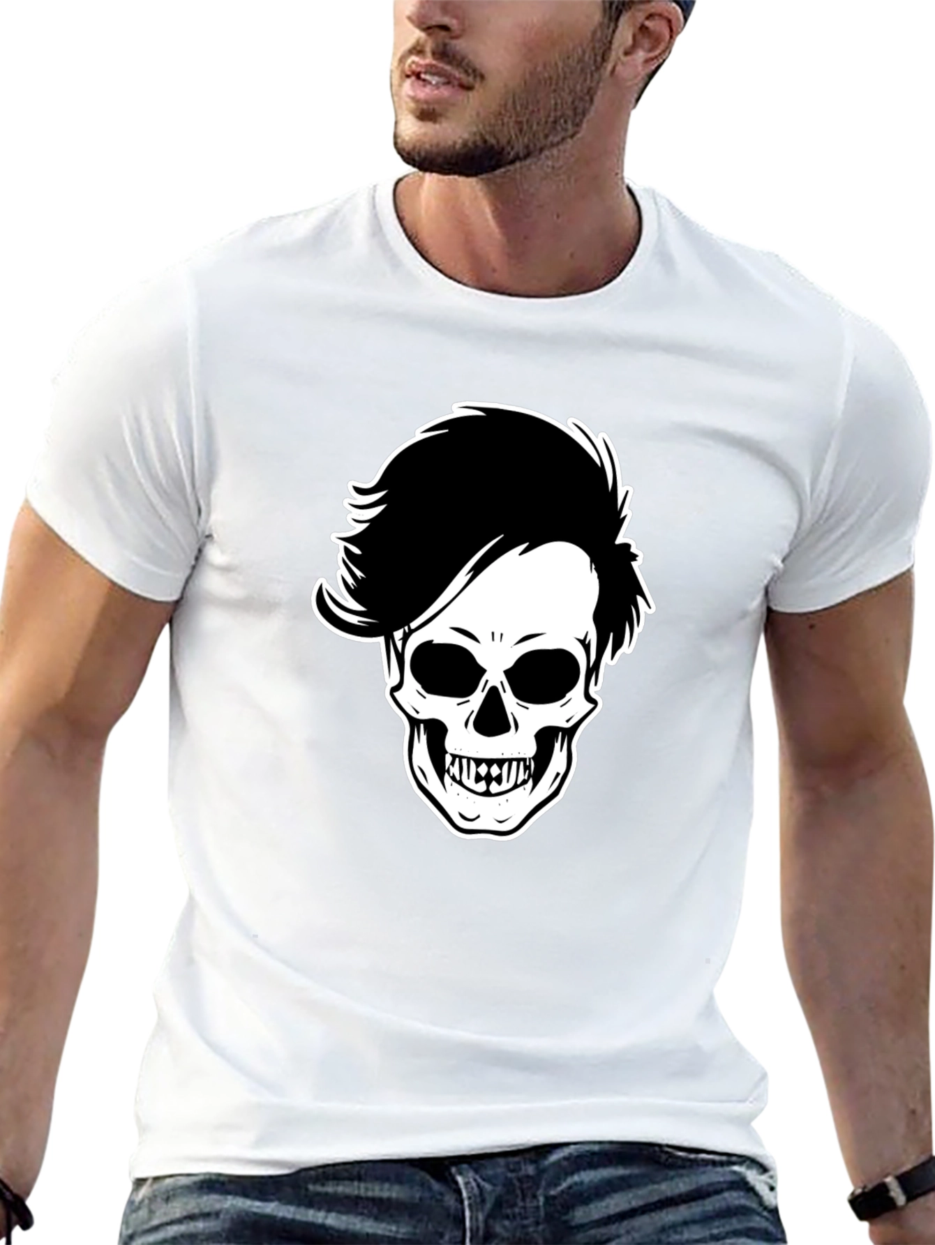 Skull with Hairdo Graphic Tee - Black