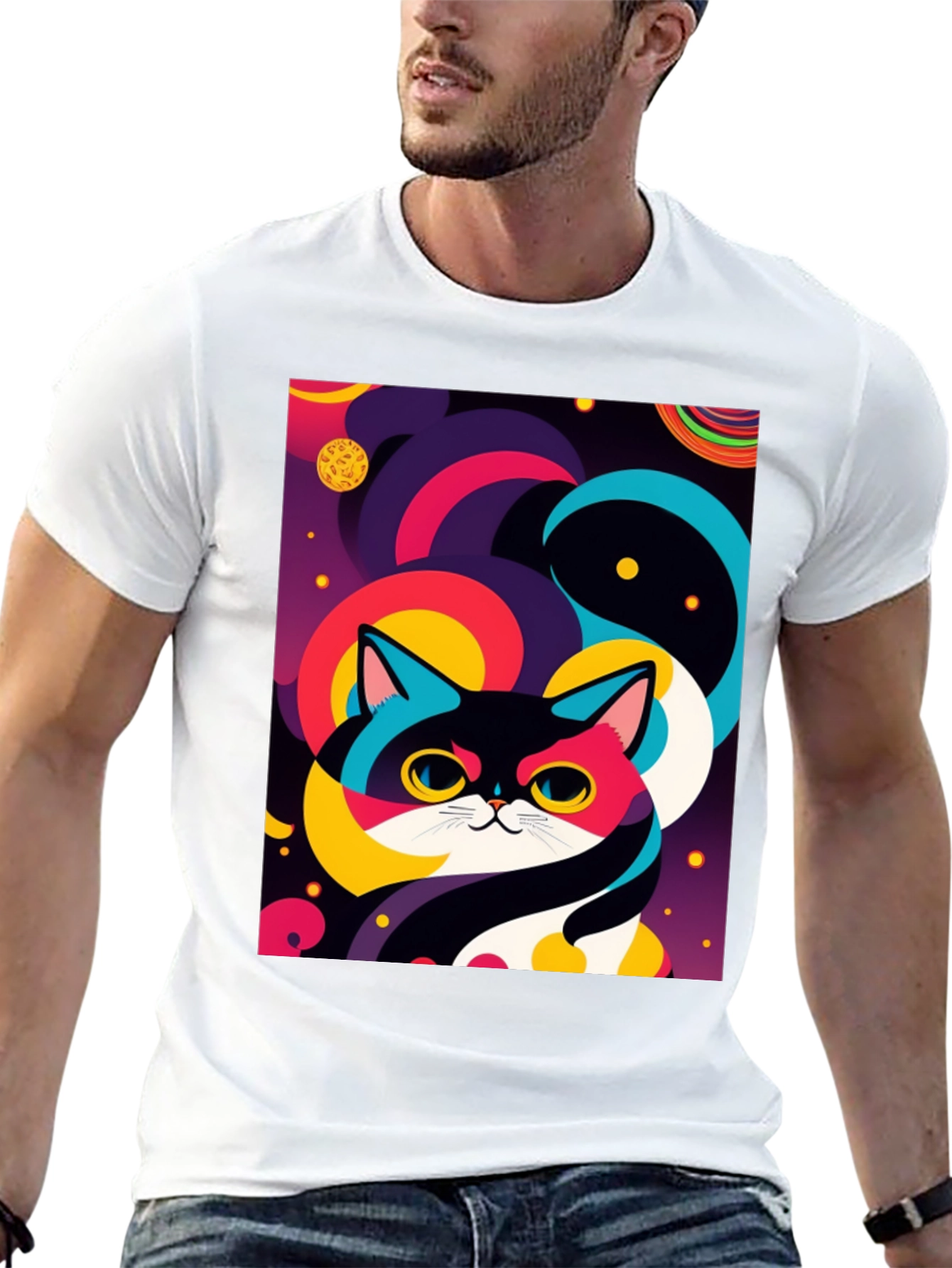 Psychedelic Space Cat Graphic Tee - Black