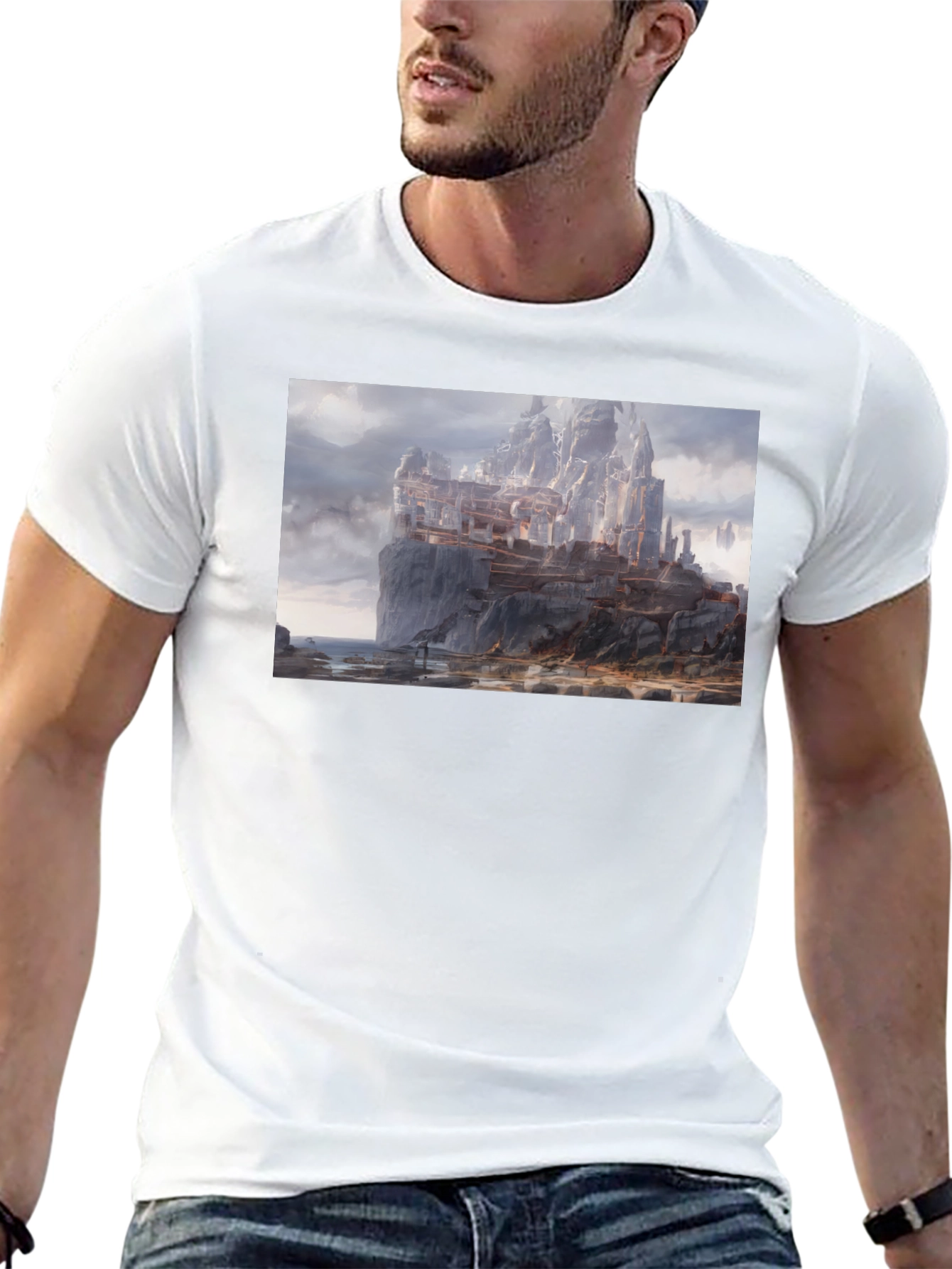 Fantasy Cliffside City Graphic T-Shirt