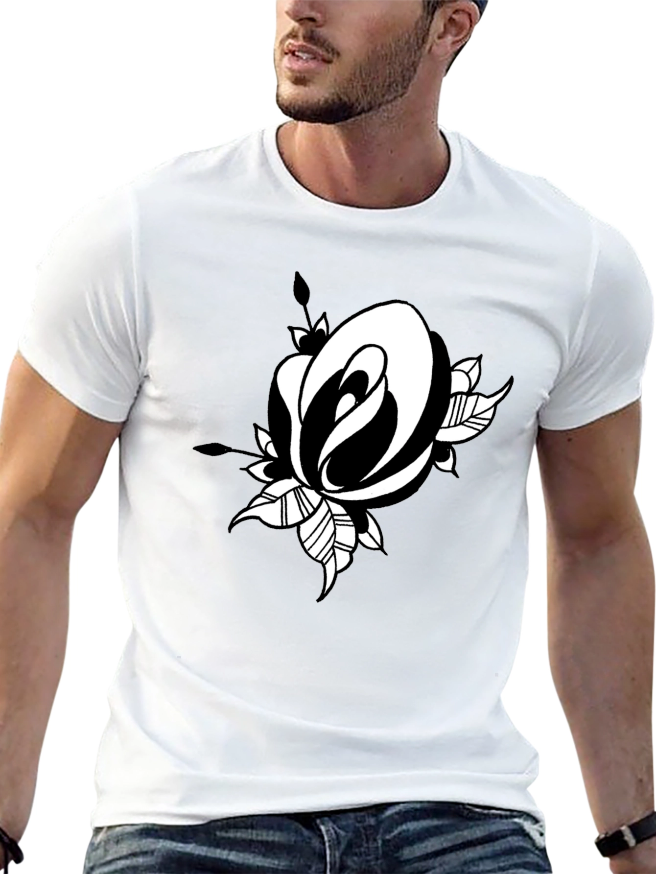 Black T-Shirt with Rose Graphic Print