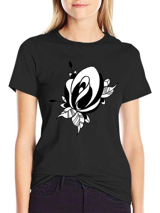 Black T-Shirt with Rose Graphic Print
