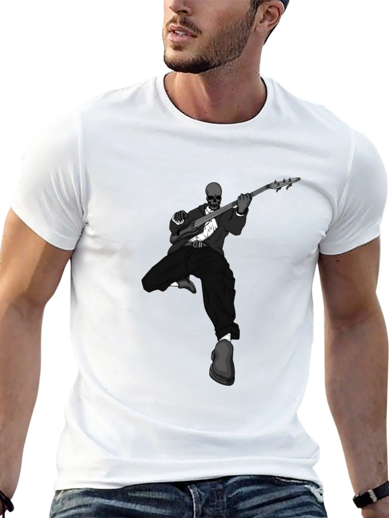 Skeleton Guitarist Graphic Tee - Stylish Mens Black T-Shirt