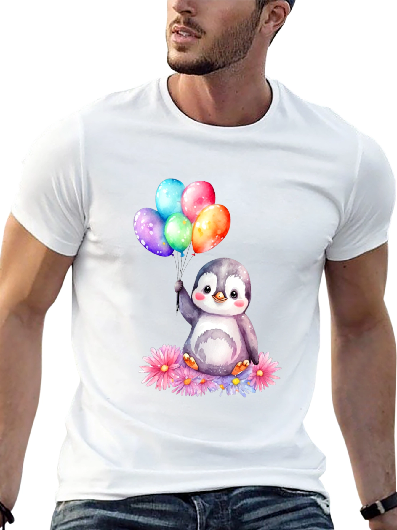 Cute Penguin with Balloons Graphic Tee
