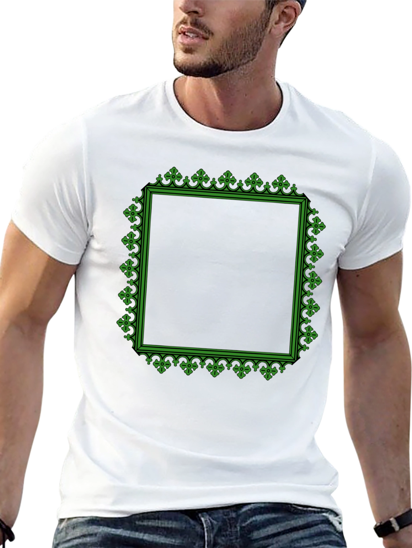 Black T-Shirt with Green Ornate Square Graphic
