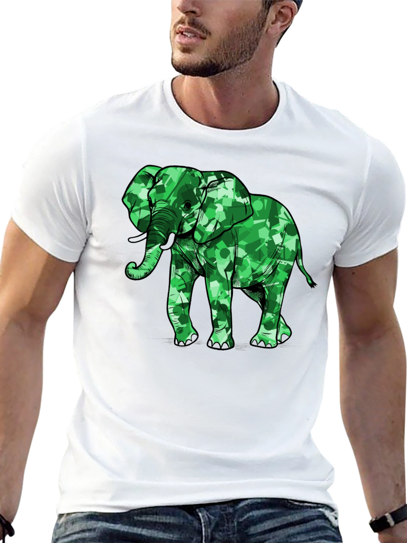 Green Camo Elephant Graphic Black T-Shirt