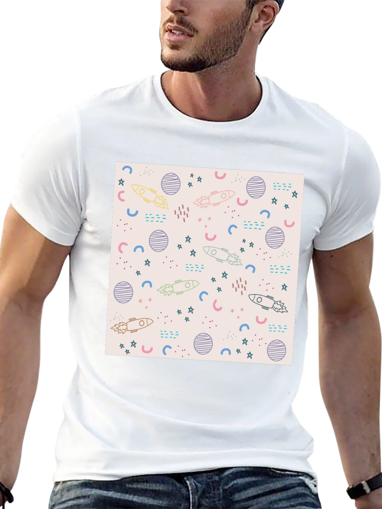 Galaxy Rocket Print Black T-Shirt