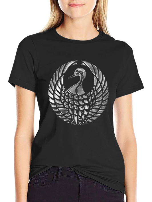 Black T-Shirt with Silver Crane Design