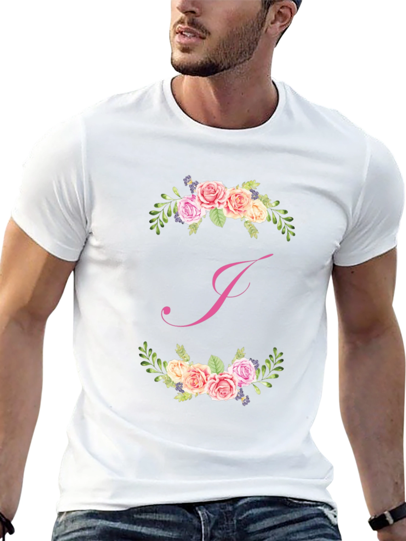 Floral J Initial Black T-Shirt