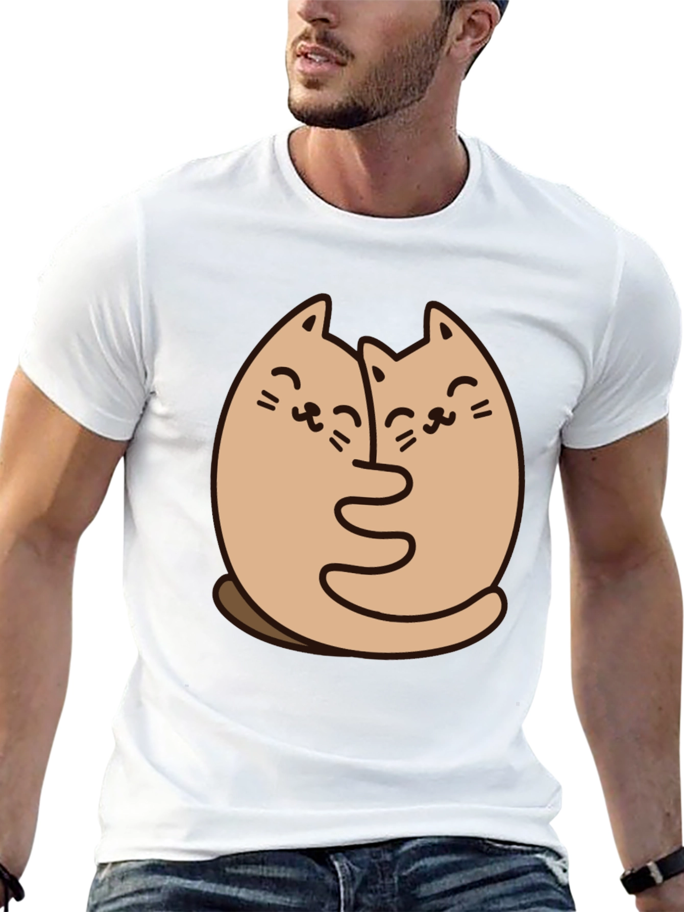 Cute Cats Hugging Graphic Black T-Shirt